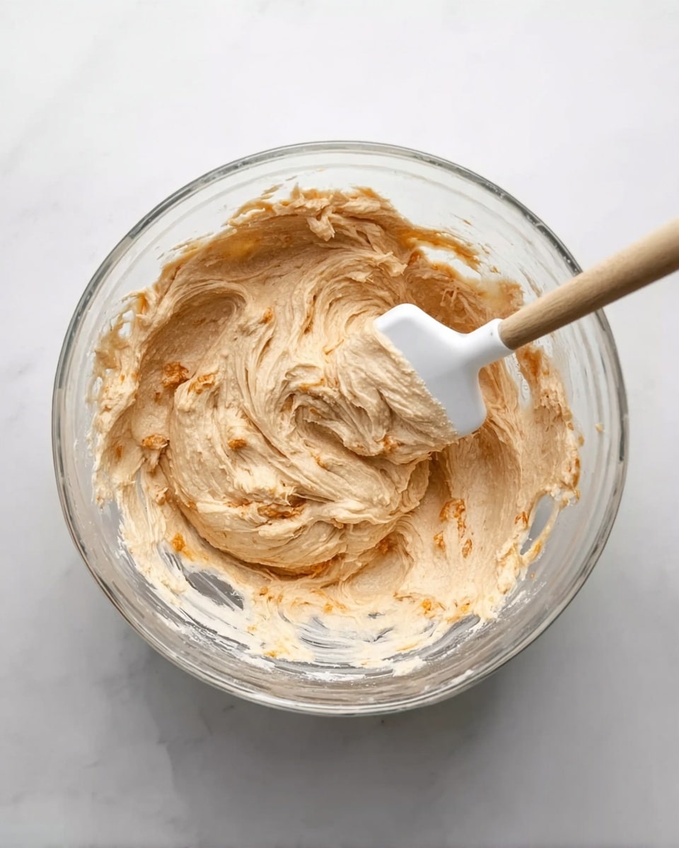 A clear glass bowl filled with a creamy, light tan dough that has soft textures and some slightly darker orange patches mixed in. A white spatula with a wooden handle is inside the bowl, partially stirring the dough. The bowl sits on a white marbled surface, giving a clean and bright look. The dough looks fluffy and thick with swirled patterns on top, showing movement from mixing. photo taken with an iphone --ar 4:5 --v 7