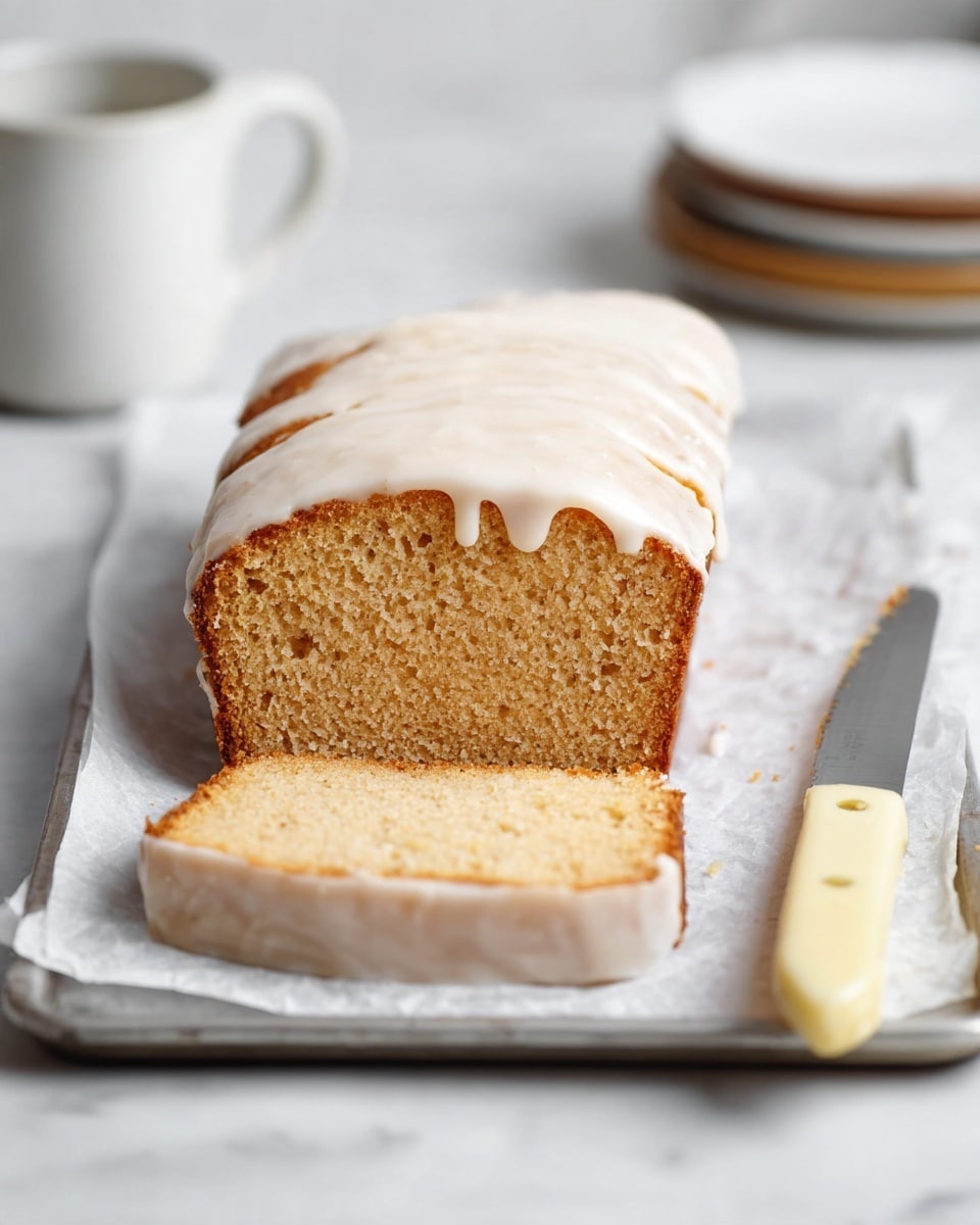 A loaf cake sliced into two pieces shows a soft, light brown inside texture with small air holes, sitting on a white sheet of parchment paper. The top of the cake is covered with a layer of smooth white icing that softly drips down the sides. The cake rests on a metal tray placed on a white marbled surface. To the right of the cake, a knife with a cream-colored handle lies flat on the tray. In the blurred background, there is a white cup on the left and a stack of white plates on the right. Photo taken with an iphone --ar 4:5 --v 7