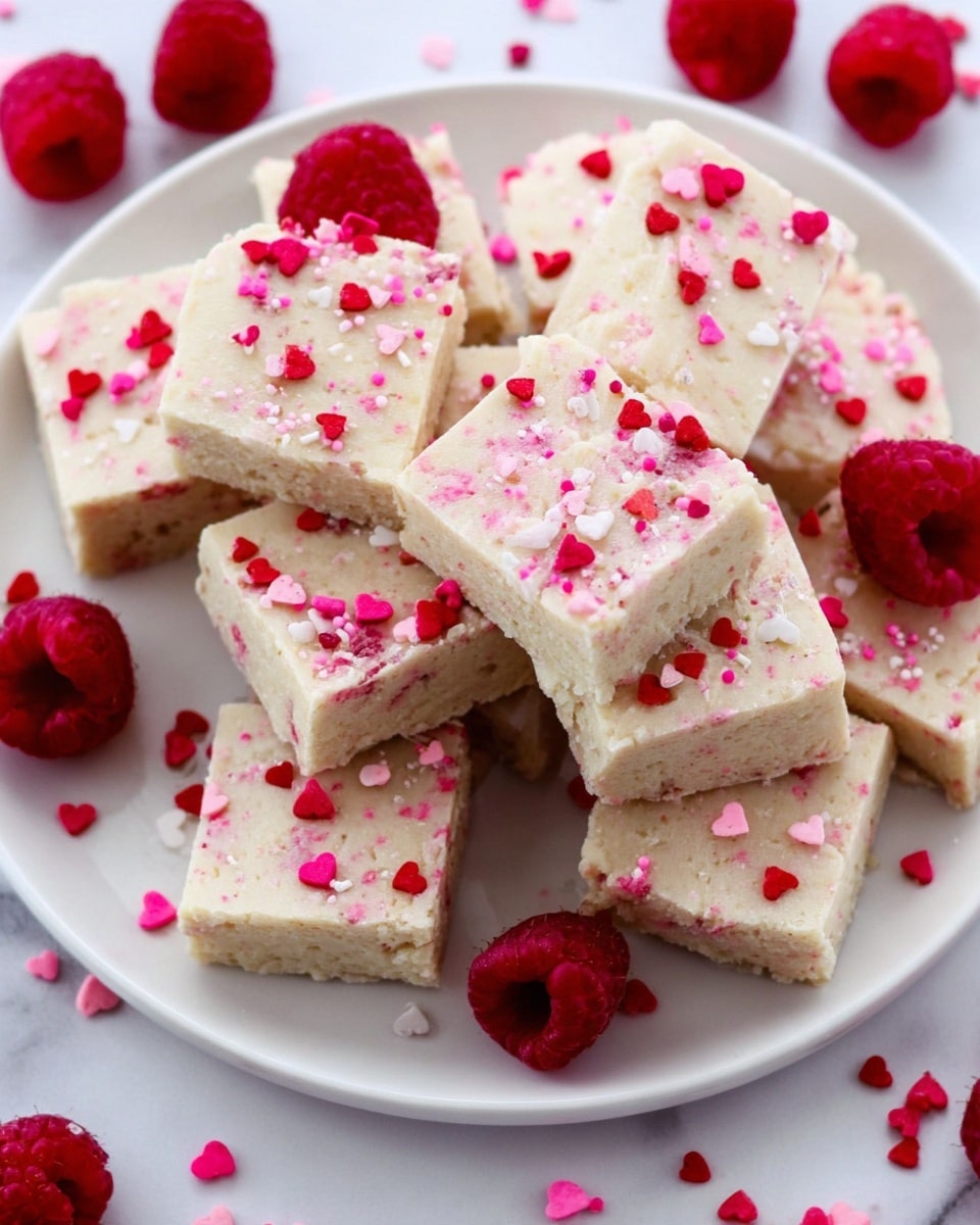 A white plate holds multiple square pieces of a pale beige dessert with a smooth and slightly cracked top layer, decorated with small red and pink heart-shaped and round sprinkles scattered evenly across each piece. The pieces are stacked and slightly overlapping, showing the soft texture of the dessert. Bright red raspberries are placed around the plate on a white marbled surface, adding a vibrant splash of color. The overall look is sweet and festive, with a mix of soft pastel and bright red tones. photo taken with an iphone --ar 4:5 --v 7