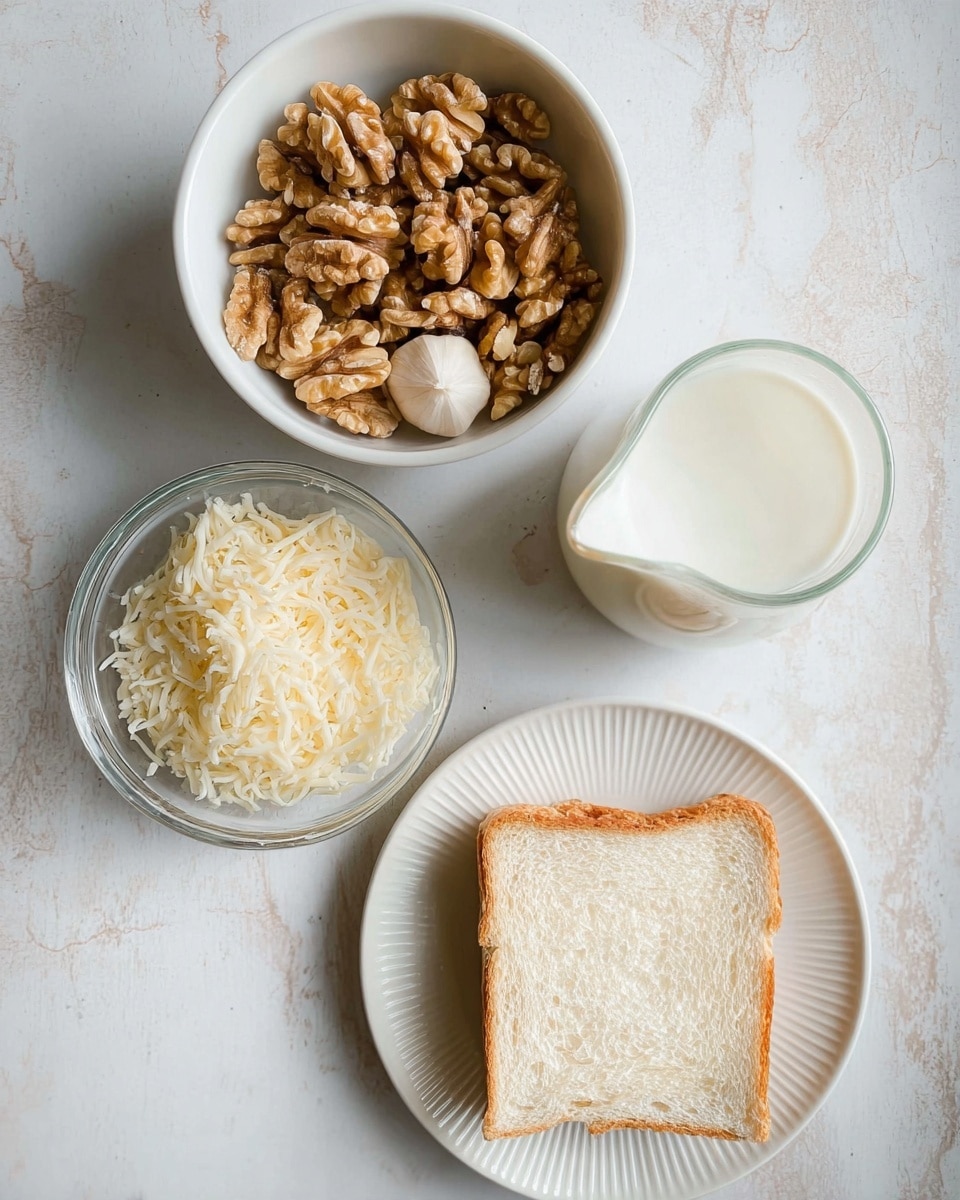 The image shows four separate items arranged on a white marbled surface: at the top, a white bowl filled with light brown shelled walnuts with one clove of garlic resting among them; below it, towards the bottom left, a clear glass bowl containing finely shredded pale off-white cheese; to the right of that, a small white pitcher filled with milk; and at the bottom right, a single slice of white bread placed on a white plate with a subtle textured pattern, all photographed from above with soft natural light photo taken with an iphone --ar 4:5 --v 7
