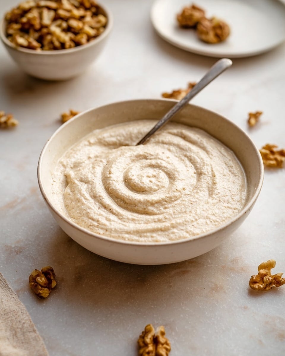 A light beige creamy sauce with a slightly grainy texture fills a white deep bowl, with a metal spoon partly dipped on the left side creating a spiral swirl pattern on the surface. Around the bowl, there are scattered light brown walnut pieces on a white marbled surface. In the background, slightly blurred, there is a white bowl filled with more walnut pieces and a small white plate with two walnut halves. Photo taken with an iphone --ar 4:5 --v 7