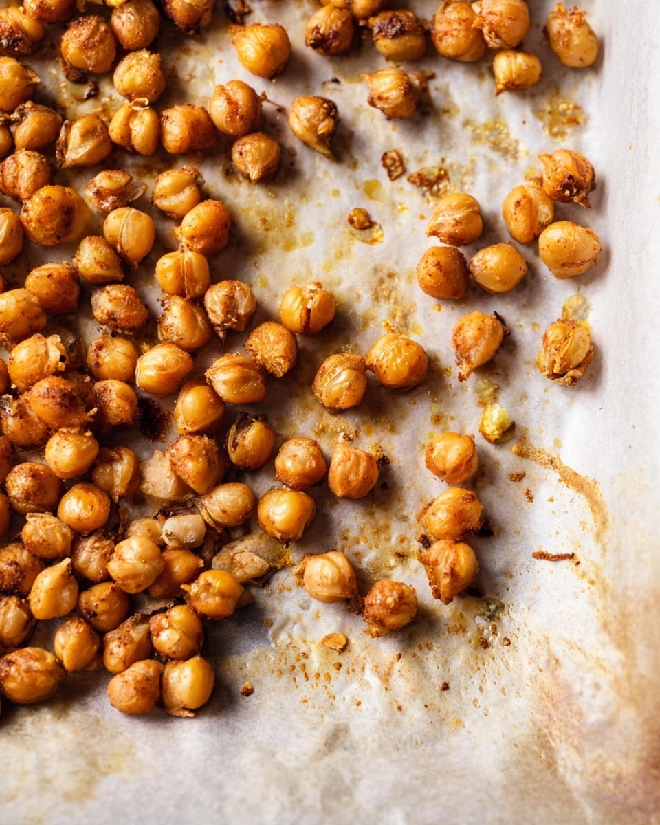 The image shows a close-up view of a single layer of roasted chickpeas spread unevenly on a baking tray lined with parchment paper. The chickpeas are golden brown with some darker spots, showing slight crispiness and rough textures. The parchment paper underneath is light cream with small oil stains and crumbs, enhancing the roasted effect. The background is a white marbled texture. photo taken with an iphone --ar 4:5 --v 7
