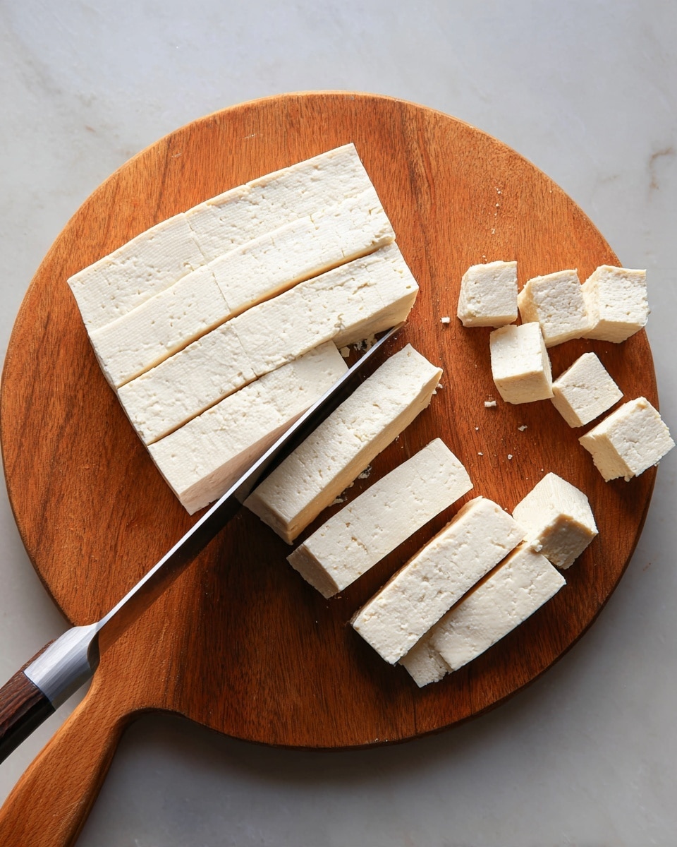 A large light brown wooden cutting board with a smaller circular wooden board on top is placed on a white marbled surface. A block of soft white tofu is being sliced into even rectangular strips with a long knife that has a wooden handle. Some tofu pieces are already cut into small cubes and lie to the right side of the block. The blade of the knife is midway through cutting the block, showing a clean and smooth texture of the tofu. Photo taken with an iphone --ar 4:5 --v 7