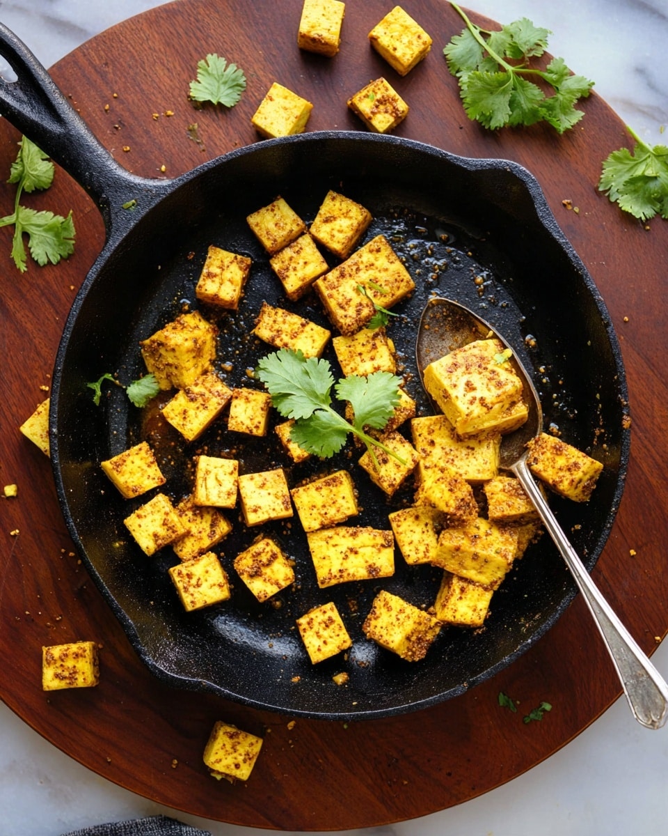 Small yellow and golden brown cubes of cooked tofu are scattered in a black cast iron pan placed on a round wooden board. The tofu cubes are seasoned with spices that give them a slightly rough texture and dark specks. Bright green cilantro leaves are placed in the middle and around the tofu for garnish. A silver spoon with some tofu cubes rests inside the pan. The background shows a few cilantro leaves scattered on a white marbled surface. Photo taken with an iphone --ar 4:5 --v 7