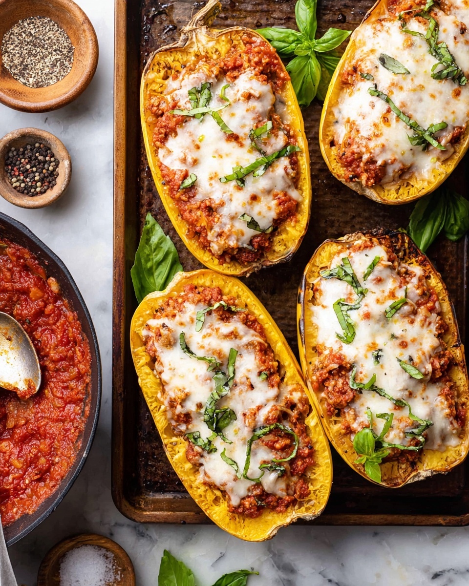 Four halves of roasted yellow squash are placed on a baking tray over a white marbled surface. Each squash half is filled with a layer of chunky, red tomato meat sauce with visible bits of ground meat and vegetables, topped with a generous layer of melted white cheese that is slightly browned with some crisp spots. Fresh green basil leaves are scattered on top of the cheese, adding color contrast. To the left, a pan with more red tomato meat sauce and a silver spoon rests on the white marbled surface, alongside small bowls of peppercorns and a salt container. Photo taken with an iphone --ar 4:5 --v 7