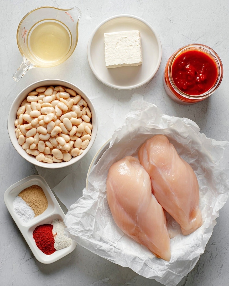 The image shows six key ingredients arranged on a white marbled surface. In the center right is a white bowl lined with white parchment paper, holding three large, smooth, pale pink raw chicken breasts. On the bottom left, a white bowl is filled with light beige cooked beans, with a soft, slightly shiny texture. Above it, a small white bowl contains a block of white cream cheese with a smooth surface. Next to the chicken on the top right is a small glass jar filled with bright red sauce. Above the beans and to the left of the chicken is a clear glass measuring cup filled with a pale yellow liquid. Finally, near the top left, there is a white dish divided into four sections with various powders: one red, one white, one light beige, and one off-white in color. Photo taken with an iphone --ar 4:5 --v 7