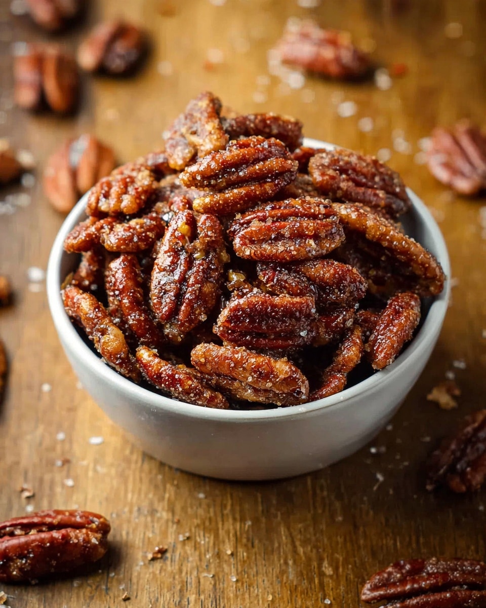 A small white bowl filled with a heap of glossy, dark brown candied pecans, showing their rich texture and slight shine from a sugary coating; the pecans are whole halves and clustered tightly together in the bowl, which sits on a wooden surface with scattered crumbs and a few whole pecans around it. photo taken with an iphone --ar 4:5 --v 7
