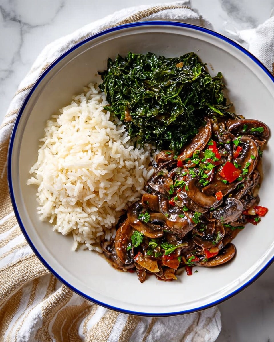 A white plate with a blue rim holds a meal with three parts: plain cooked white rice on the left side, a portion of dark green leafy cooked vegetables on the top-right, and a serving of brown cooked mushrooms mixed with small pieces of red and green vegetables on the bottom-right. The mushrooms look glossy and moist, with some green herb pieces sprinkled on top. The plate is set on a white marbled surface with a white and beige striped cloth nearby. Photo taken with an iphone --ar 4:5 --v 7