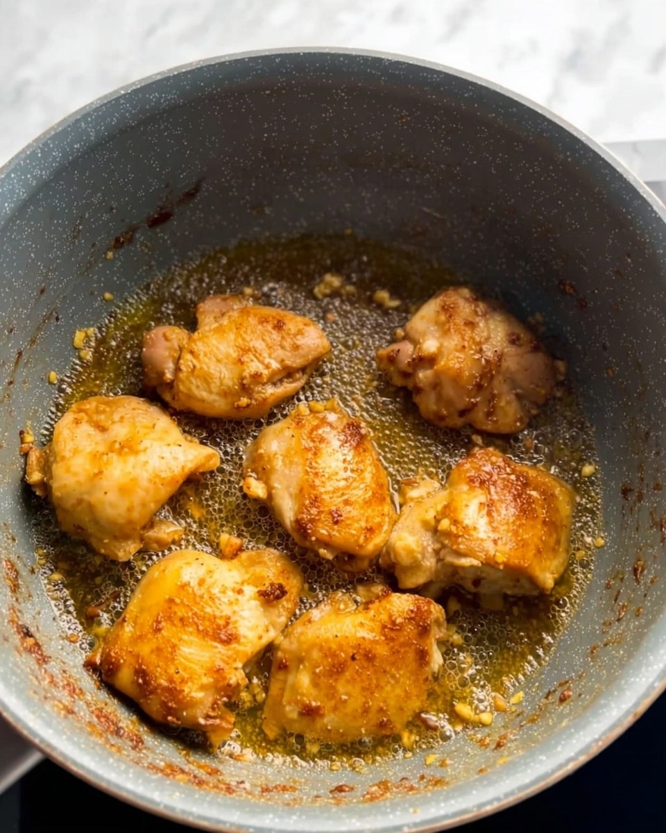 Inside a grey cooking pot with a subtle pattern, there are six pieces of browned, cooked chicken sitting in a layer of bubbling oil mixed with small bits of garlic and spices. The chicken pieces are an uneven golden yellow to light brown color, showing a slightly crispy texture on some parts. The pot’s inner surface has a thin layer of oil and small browned bits scattered around. The background is a white marbled surface. photo taken with an iphone --ar 4:5 --v 7