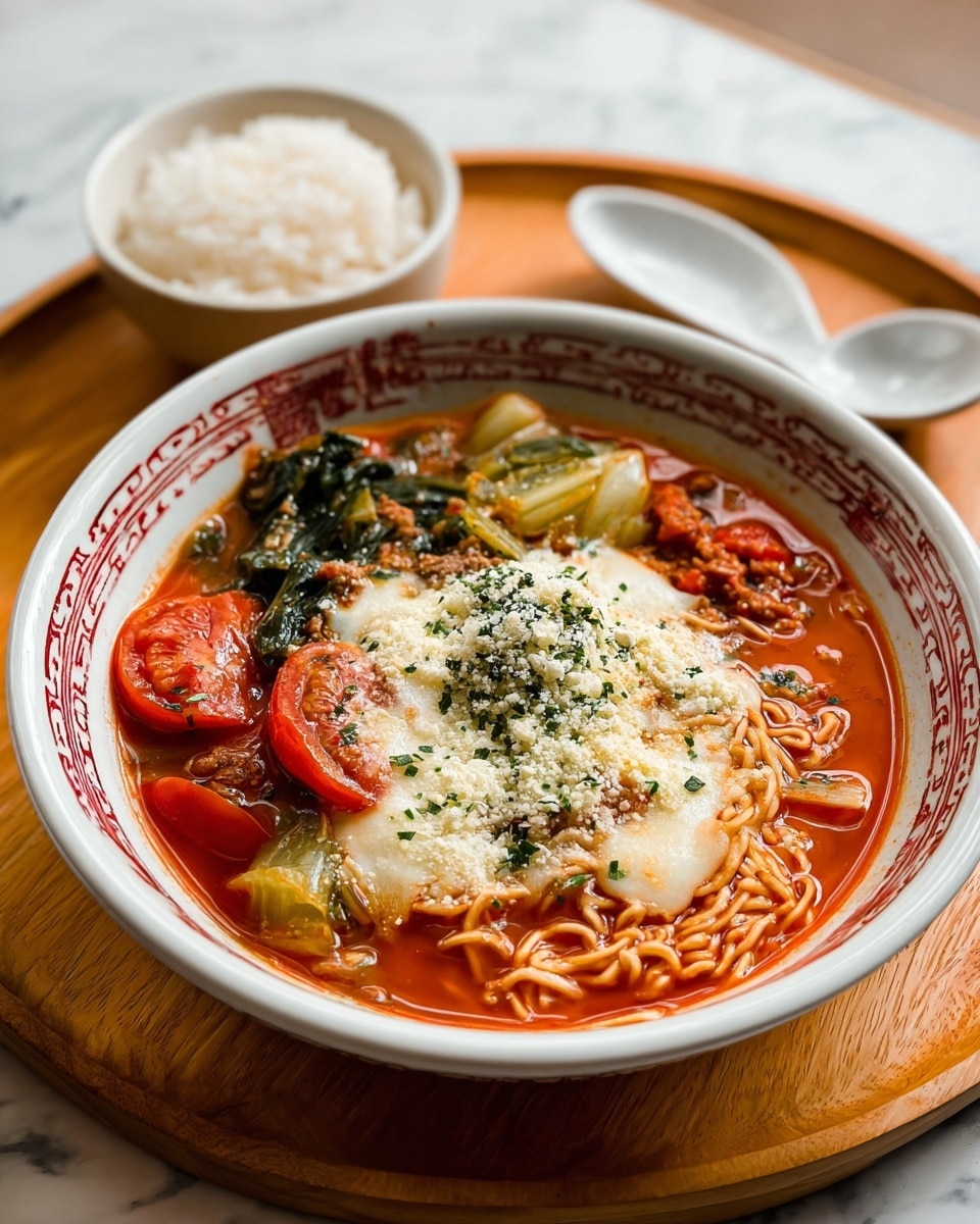 A white bowl with a red and black pattern holds a soup with several visible layers: at the bottom, brown noodles sit in a bright red tomato broth, topped with chunks of red tomatoes and pieces of cooked meat. On one side, green leafy vegetables lay partially submerged in the broth. The center is covered with a thick layer of melted white cheese sprinkled with a light dusting of grated cheese and small green herbs. The bowl sits on a round wooden tray with a small white bowl of white rice and a white spoon in the background, all placed on a white marbled surface. Photo taken with an iphone --ar 4:5 --v 7