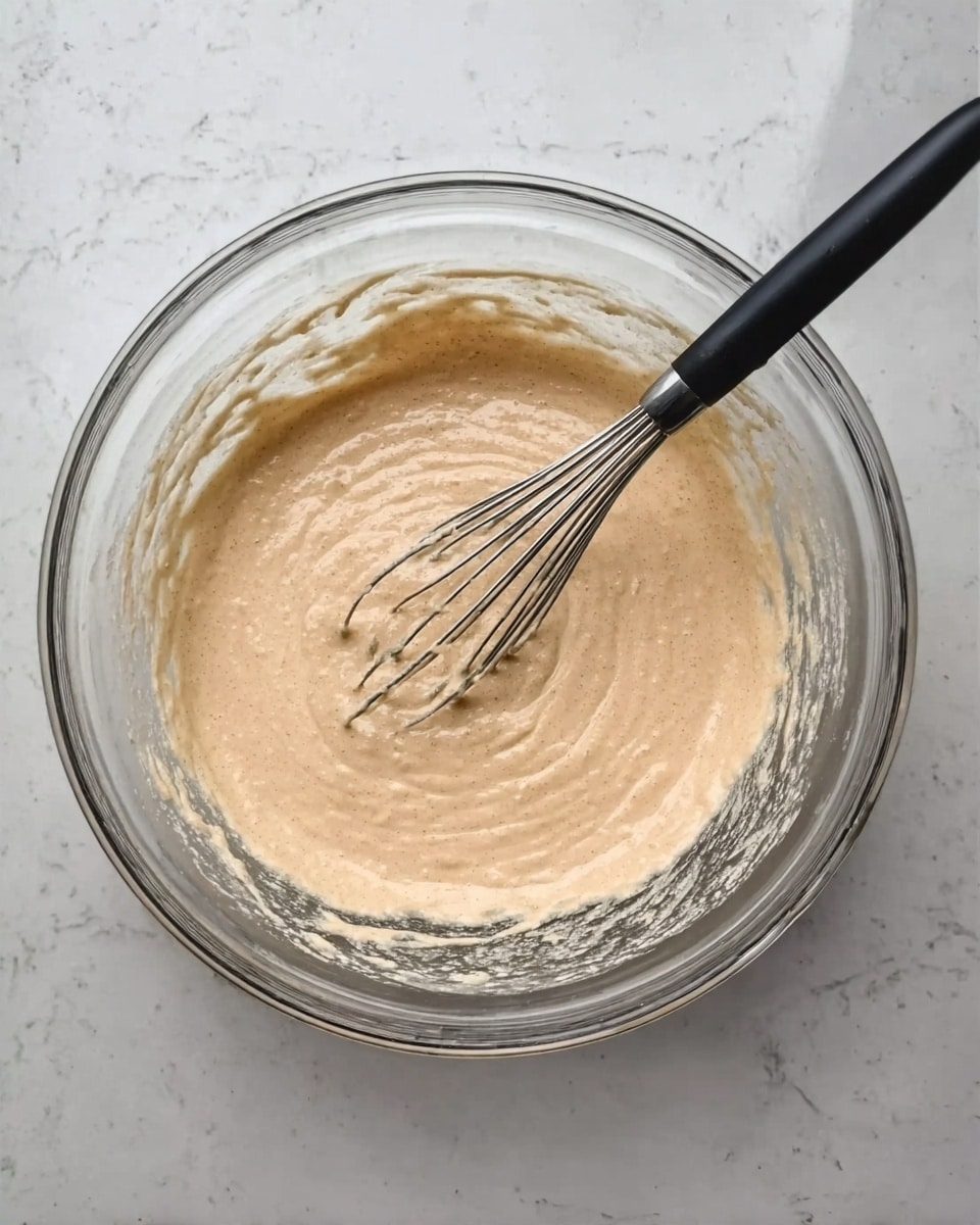A clear glass bowl sits on a white marbled surface, filled with a smooth, light beige batter that has a slightly thick texture. Inside the bowl, a whisk with a black handle rests, partially coated with the batter. The batter spreads evenly inside the bowl with some remnants around the edges, showing a freshly mixed look. The scene is simple, clean, and focused on the mixing process, photo taken with an iphone --ar 4:5 --v 7