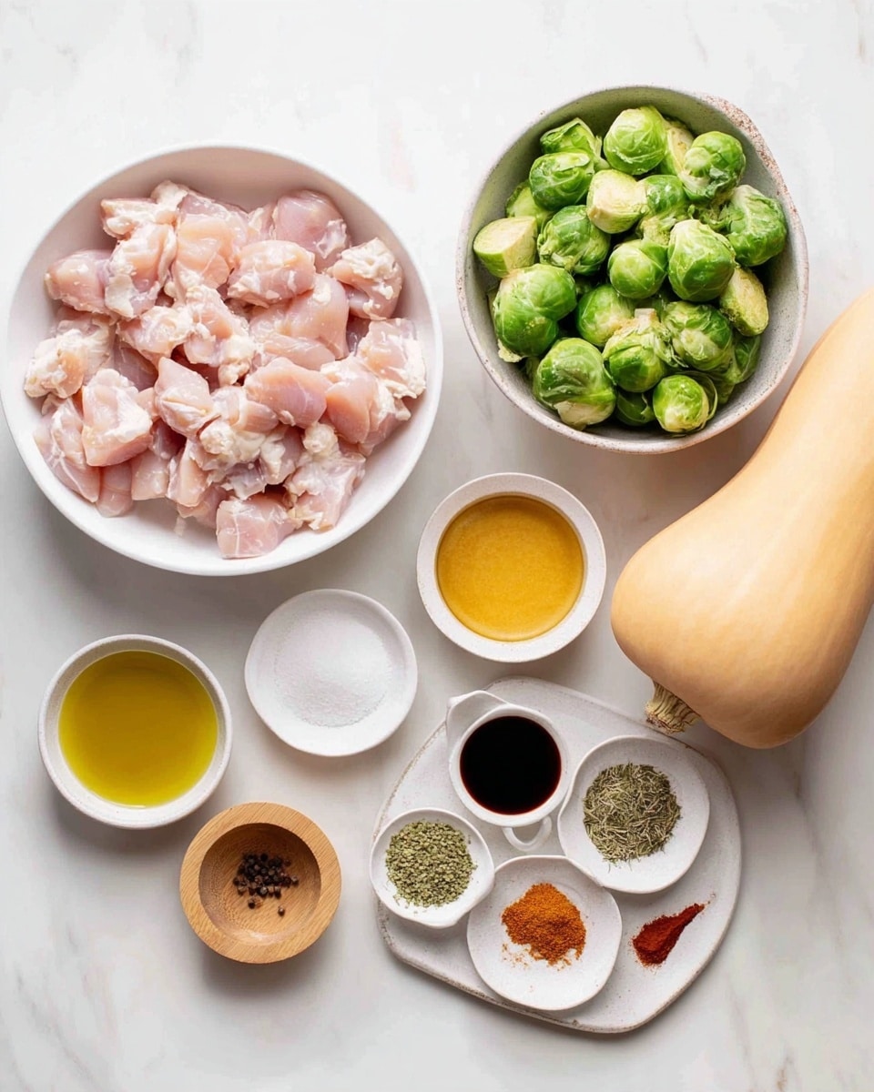 A white bowl filled with raw small pink pieces of chicken sits on the left side on a white marbled surface; next to it on the right is a white bowl full of green Brussels sprouts. To the right of the Brussels sprouts is a whole light orange butternut squash. Near the top center, there are three small white and wooden bowls containing coarse salt, a creamy yellow mustard sauce, and dark soy sauce. Below these bowls, on the white marbled surface, there is a small white bowl with olive oil and another white plate holding four different powdered spices including green herbs, light brown garlic powder, red chili flakes, and a pale yellow powder. On the left bottom side is a smaller white bowl with a light brown liquid and a white dish holding black pepper. The scene is brightly lit with a clean, fresh feeling. Photo taken with an iphone --ar 4:5 --v 7