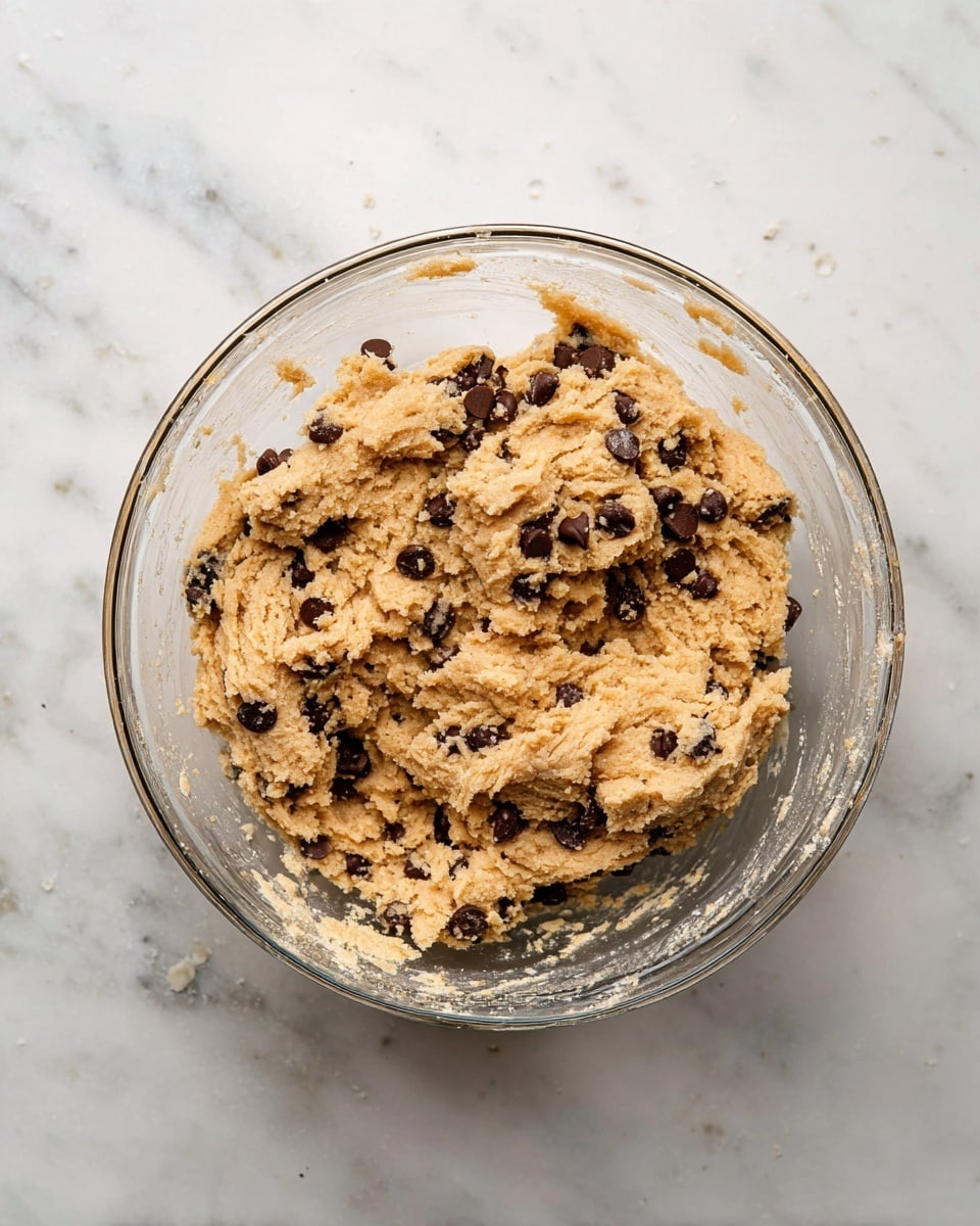 A clear glass bowl filled with a light brown, chunky cookie dough mixed with dark brown chocolate chips scattered throughout. The dough has a thick, rough texture with some parts sticking slightly to the side of the bowl. The bowl is placed on a white marbled surface, with a few small crumbs around it. photo taken with an iphone --ar 4:5 --v 7