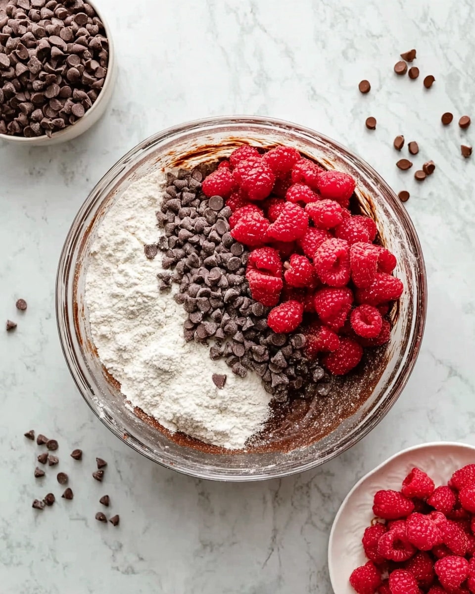A large clear glass mixing bowl sits on a white marbled surface. Inside, the bottom layer is a dark brown batter, topped with a thick layer of white flour covering about half the surface. On one side of the flour layer, there is a pile of small dark brown chocolate chips, and on the other side, a mound of bright red frozen raspberries mixed with some chocolate chips. Nearby, a small white plate holds more chocolate chips, and a clear white bowl contains fresh raspberries. The scene is bright and clean with a slight top-down angle photo taken with an iphone --ar 4:5 --v 7