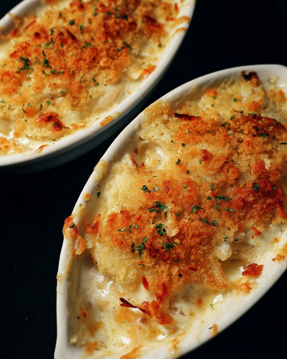 The image shows two oval white ceramic dishes filled with a baked dish that has a golden brown, crispy top layer made of melted cheese and crunchy breadcrumb bits sprinkled with small green herbs. Beneath the crusty top, the dish has a creamy, light beige sauce layer with hints of melted cheese stretching through. The edges of the dish show slight browning from baking, and the texture looks creamy and smooth under the crumb topping. The dishes rest on a black surface, enhancing the golden colors of the food. photo taken with an iphone --ar 4:5 --v 7