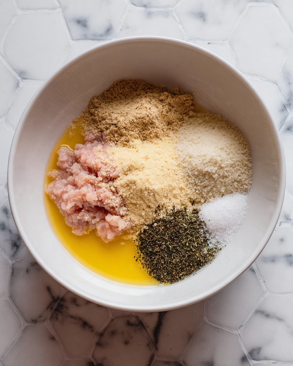 A close top view inside a white bowl shows seven ingredients placed side by side but not mixed. Starting from the lower left, there is a pool of yellow liquid with a smooth texture, next to finely chopped pale pink raw meat in the center bottom. To the right, there is a mound of light brown fine crumbs and above it, a patch of white grains. Above the raw meat and liquid, there is a heap of pale beige powdery cheese, next to it on the right is a dark green leafy herb, followed by an off-white powder with a fine texture, and a small pile of dark brown ground seasoning near the center right. The bowl sits on a white marbled surface made of hexagon tiles. Photo taken with an iphone --ar 4:5 --v 7