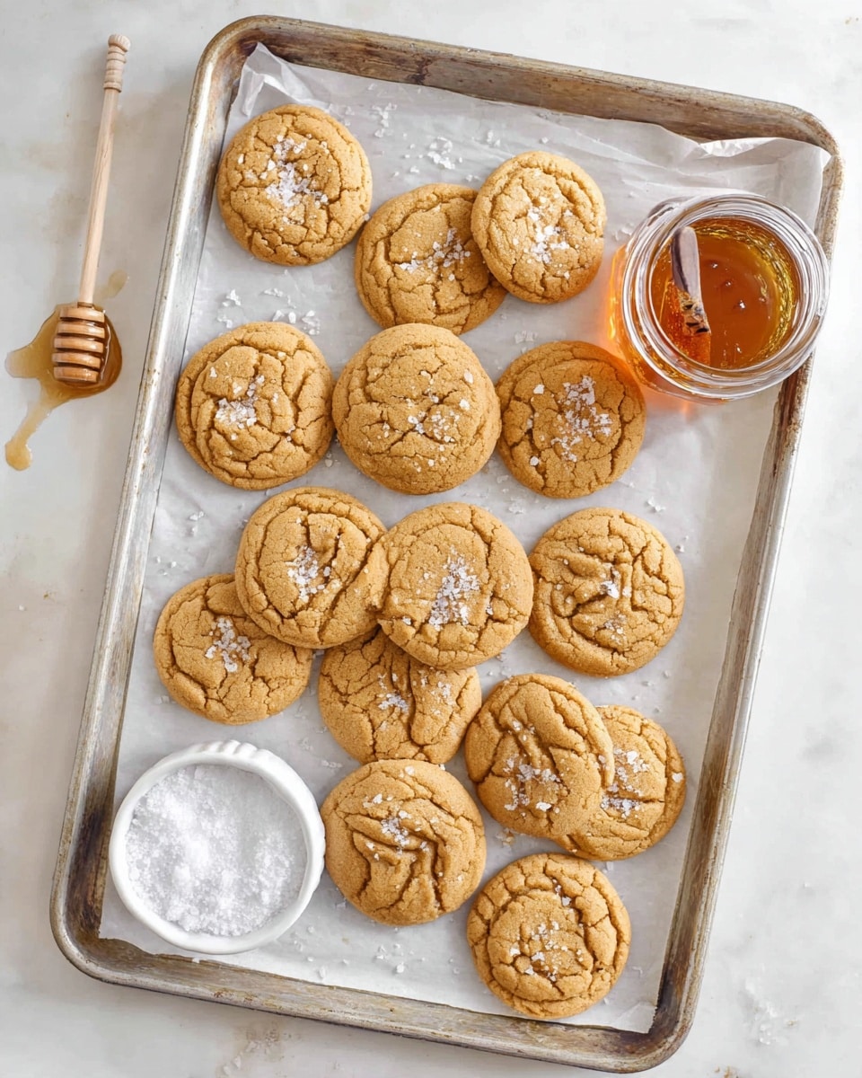 A baking tray lined with white parchment paper holds fifteen golden brown round cookies with a crinkled top texture and a sprinkle of white flaky salt on each. One cookie in the bottom right corner has a bite taken out. To the right side of the tray is a clear glass jar filled with amber-colored honey, with a wooden honey dipper inside. At the bottom left of the tray is a small white bowl filled with white flaky salt. The tray is placed on a white marbled surface. Photo taken with an iphone --ar 4:5 --v 7