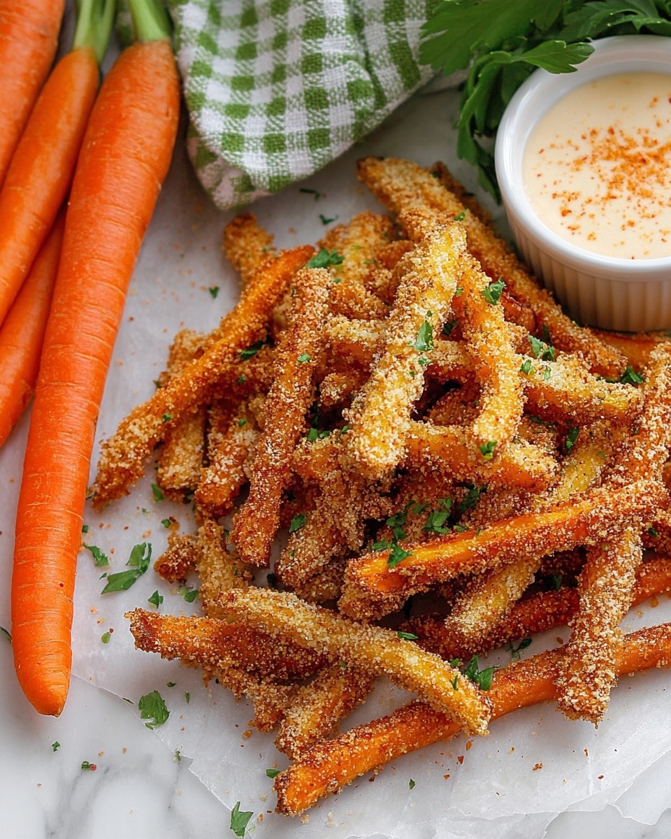 The image shows a pile of crispy, golden-brown carrot fries covered in a light, textured coating with darker seasoning specks on a light background, sprinkled with chopped green herbs for color contrast. The fries are long and thin, with a rough breaded surface and some salt flakes visible. To the left, two fresh, bright orange carrots with leafy green tops are placed next to a white and green checkered cloth, adding a fresh element. Above the fries, a small white bowl with a creamy white dipping sauce topped with light orange seasoning is partially visible. The whole scene is set on a white marbled surface for a clean, fresh look. photo taken with an iphone --ar 4:5 --v 7