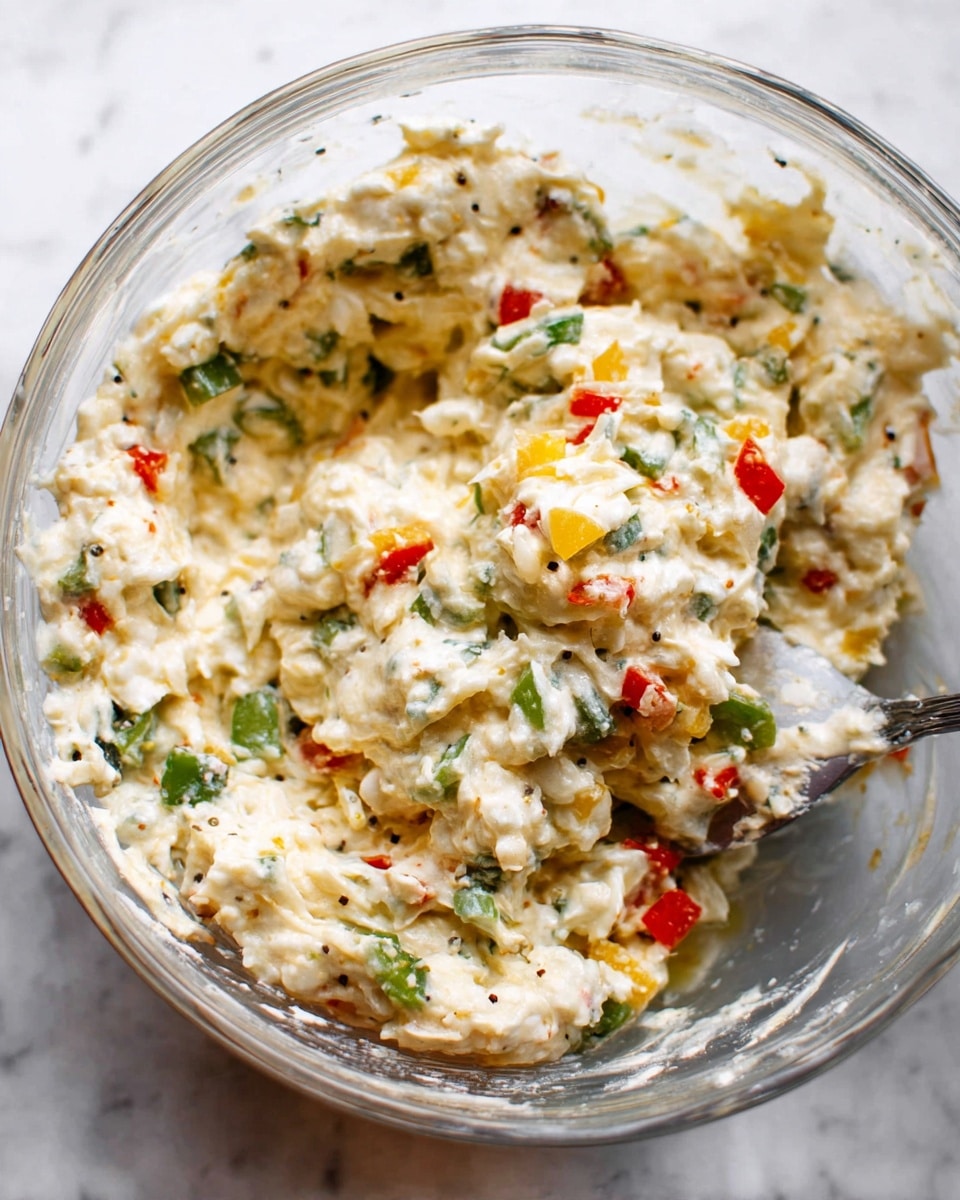 The image shows a close-up view of a creamy mixture in a clear glass bowl. The mixture has a thick texture with visible white creamy parts mixed with small pieces of green, yellow, and red chopped vegetables. There are also some black specks, possibly pepper, scattered throughout. The bowl is placed on a white marbled surface, and a silver spoon is partly visible inside the bowl, partially covered by the mixture. photo taken with an iphone --ar 4:5 --v 7