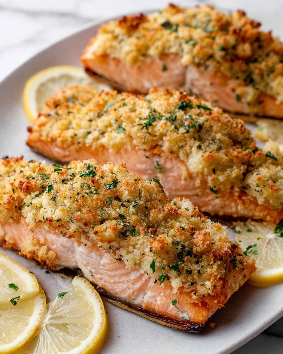 Three pieces of cooked salmon fillets are shown on a white plate with a white marbled surface beneath. Each fillet has two layers: the bottom layer is the pink-orange salmon with light grill marks, and on top, there is a thick, golden-brown crumb topping with a crunchy texture, mixed with green herbs scattered on top. Around the salmon pieces, there are pale yellow lemon slices placed for decoration. photo taken with an iphone --ar 4:5 --v 7
