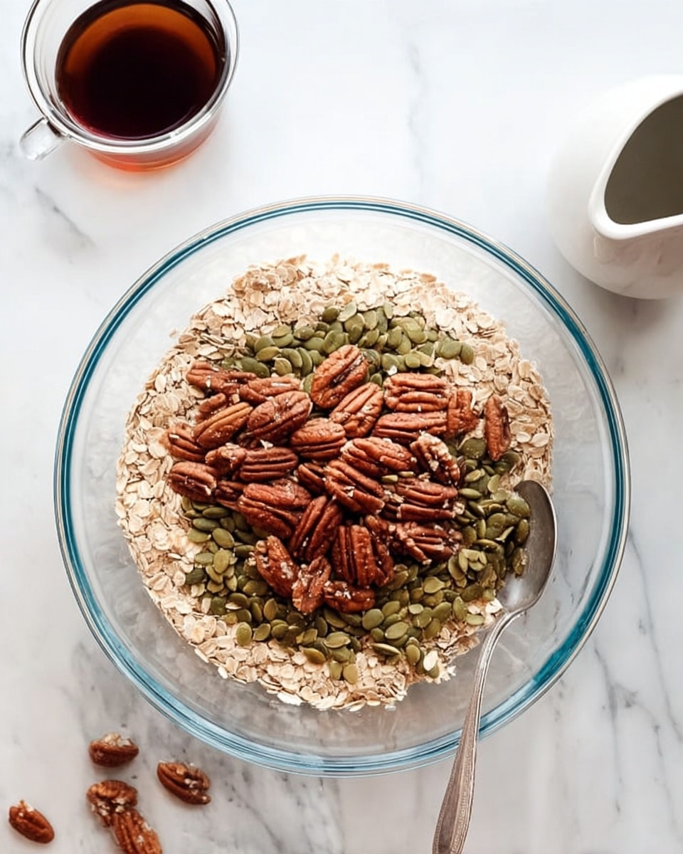 A clear glass bowl sits on a white marbled surface, filled with three layers of ingredients. The bottom layer is pale beige rolled oats, which cover the base evenly. On top of the oats is a layer of green pumpkin seeds scattered across. The top layer consists of whole brown pecans piled in the center. A silver spoon rests on the side inside the bowl. Near the bowl, there is a small glass cup filled with dark brown liquid and a white ceramic pitcher with more dark liquid inside. Photo taken with an iphone --ar 4:5 --v 7