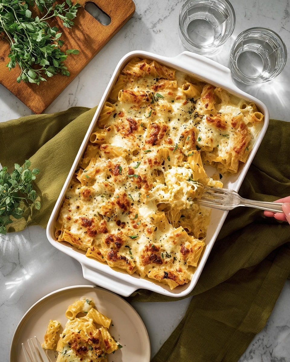 A white rectangular baking dish contains a baked pasta casserole with three visible layers: the bottom layer made of rigatoni pasta, in a pale orange sauce; the middle layer includes pieces of green herbs mixed with creamy white cheese; the top layer is melted, bubbly cheese with browned spots and black pepper sprinkled on top. A woman’s hand is holding a fork lifting a portion, showing gooey strings of cheese stretching between the dish and the pasta piece. Next to the dish, a white plate has a small serving of the pasta. The setting includes two clear water glasses, a white marbled surface, a wooden board with fresh green herbs, and a green cloth napkin. Photo taken with an iphone --ar 4:5 --v 7