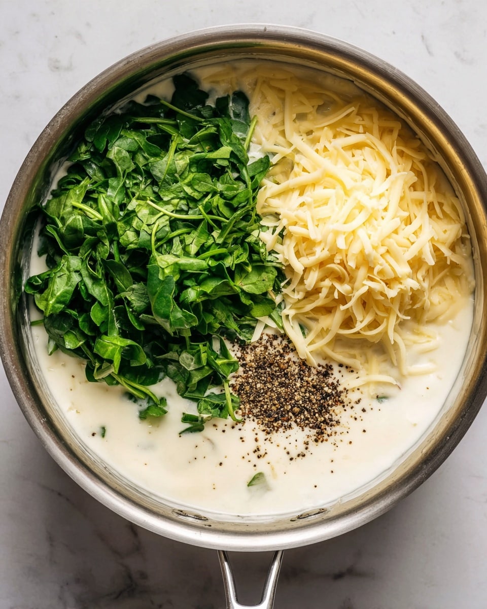 A stainless steel pot sits on a white marbled surface, filled with four main layers of ingredients. The base layer is a creamy, smooth white sauce that fills most of the pot. On the right side above the sauce is a pile of pale yellow shredded cheese, soft in texture. To the upper side, there is a heap of fresh, bright green chopped spinach leaves which have a slightly crinkled texture. On the bottom center near the cheese and spinach is a small pile of cracked black pepper, adding speckles of dark color over the white sauce. Photo taken with an iphone --ar 4:5 --v 7