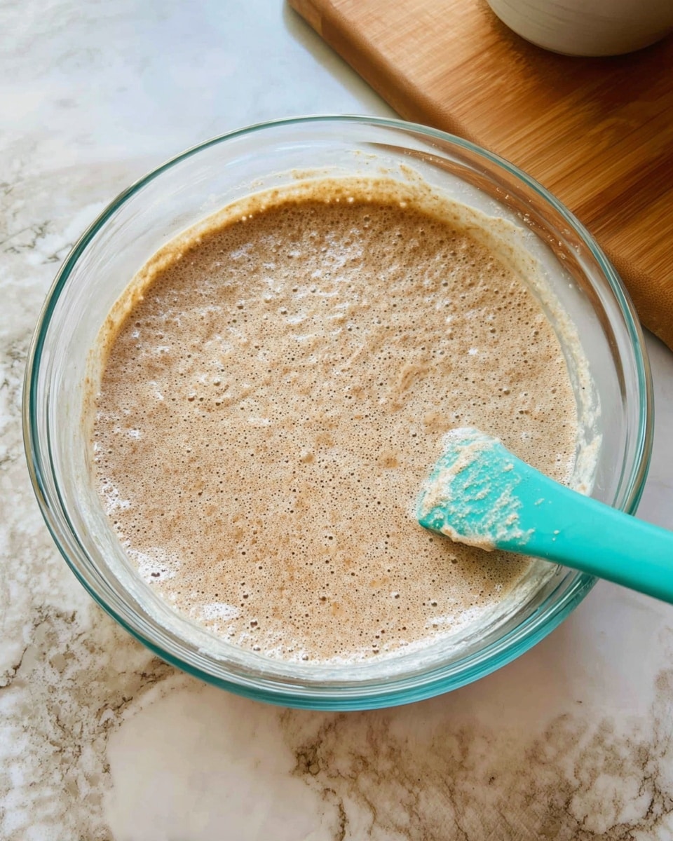 A clear glass bowl filled with a light brown mixture that has tiny bubbles on the surface, showing a smooth and slightly thick texture. Inside the bowl, a turquoise spatula rests on the right side, partially covered in the mixture. The bowl sits on a white marbled countertop with light brown and beige tones, and a wooden cutting board is partially visible in the background. Photo taken with an iphone --ar 4:5 --v 7
