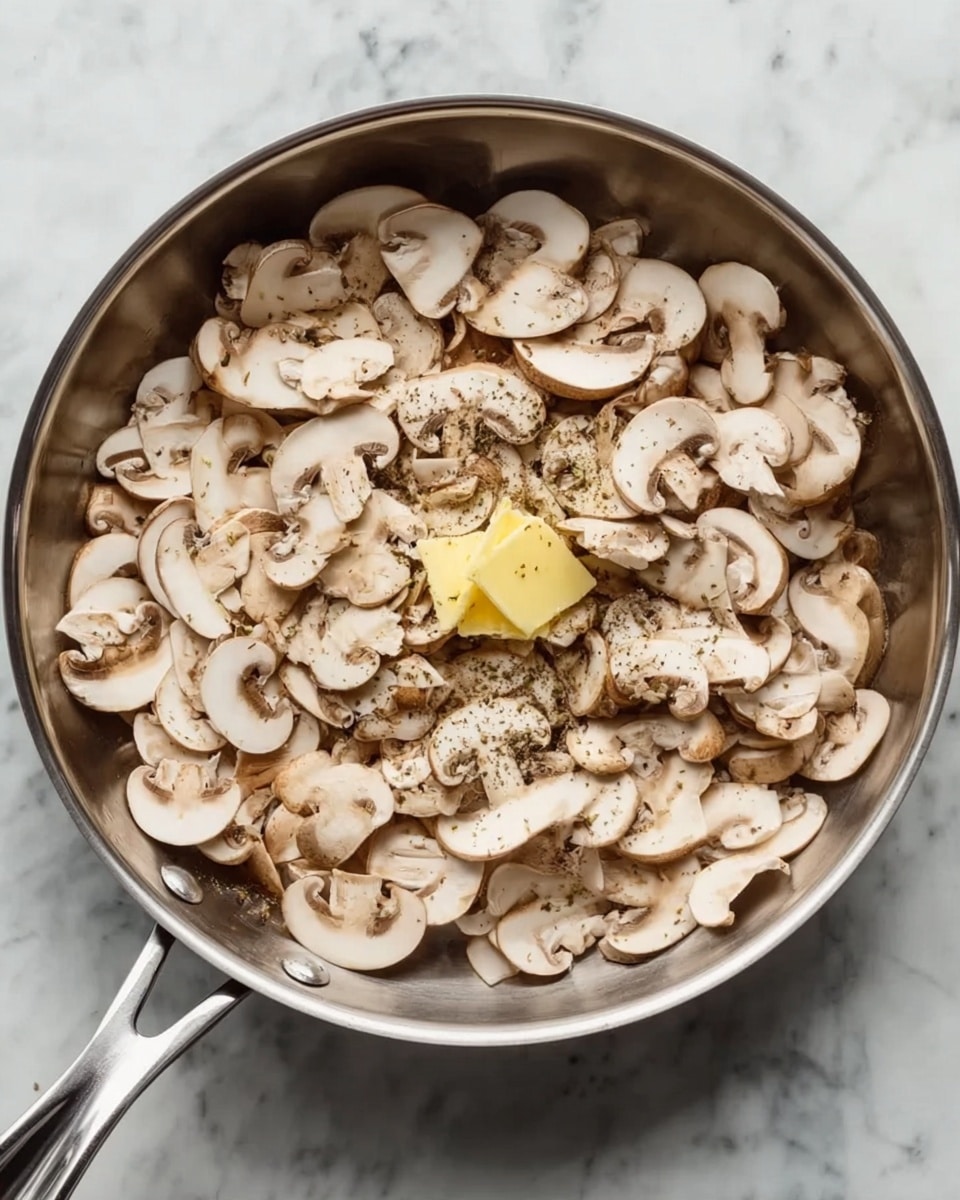A silver metal pan filled with many thin slices of light brown mushrooms spread out evenly over the pan's surface. In the center, there is a small dollop of yellow butter and some black pepper sprinkled on top. The pan handle extends out to the lower left corner on a white marbled surface background. photo taken with an iphone --ar 4:5 --v 7