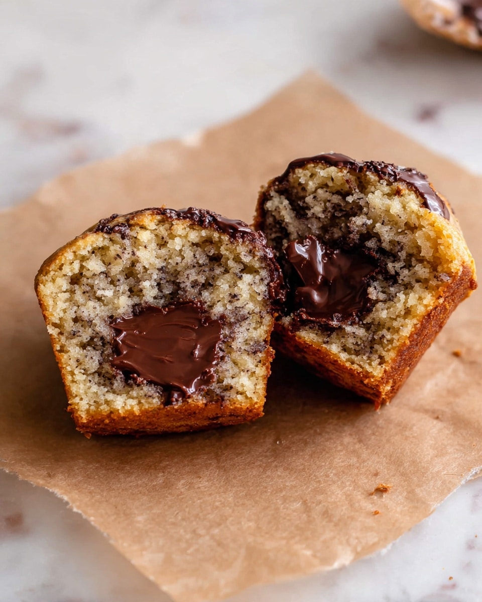 The image shows two halves of a baked muffin placed on a piece of brown parchment paper over a white marbled surface. Each half has one layer of golden brown crumb cake speckled with darker bits, and a thick, smooth layer of melted chocolate inside the middle. The top edge has a shiny coating of melted chocolate, adding a dark glossy contrast to the soft cake texture. The photo taken with an iphone --ar 4:5 --v 7