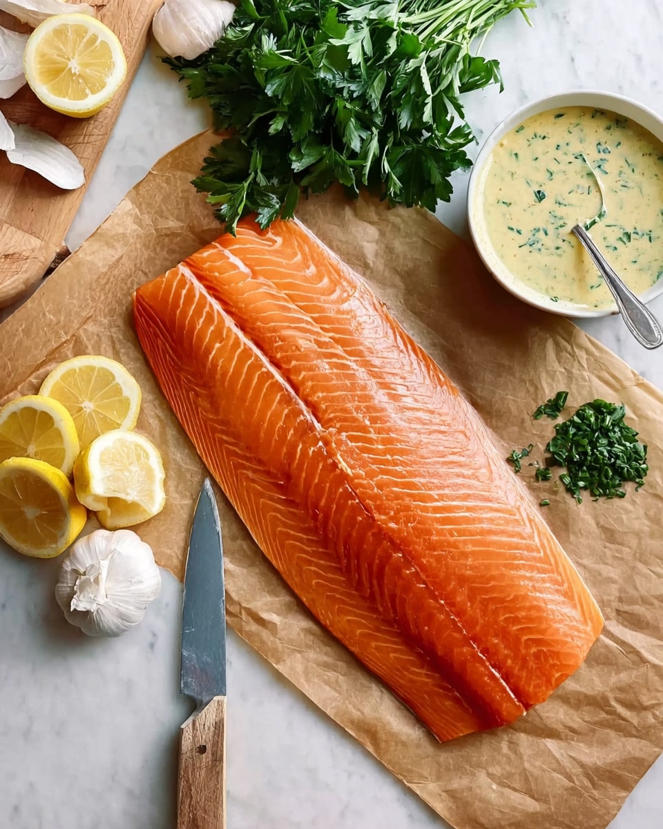 A large, smooth, bright orange piece of raw salmon fillet rests on brown parchment paper on a white marbled surface, showing detailed fish lines and a shiny texture. To the top right, there is a small white bowl filled with creamy light yellow sauce mixed with green herbs and a silver spoon inside. Above the salmon, bunches of fresh green parsley leaves add contrast. On the bottom left, two lemon halves, one squeezed, appear next to a whole white garlic bulb. A large knife with a clean silver blade is placed diagonally on a light wooden board near some chopped herbs. Photo taken with an iphone --ar 4:5 --v 7