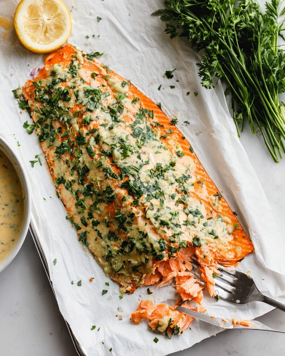A large piece of cooked salmon with an orange base layer is topped with a creamy layer mixed with chopped green herbs, spread unevenly over the fish’s surface. The salmon is placed on white parchment paper on a baking tray with a white marbled texture background. A fork is lifting small folded pieces of the salmon’s orange flesh in the front right corner. To the top right, there is a bunch of fresh green parsley, and on the left side, there is a bowl of creamy sauce with green herb specks and a cut lemon showing its yellow interior. Photo taken with an iphone --ar 4:5 --v 7