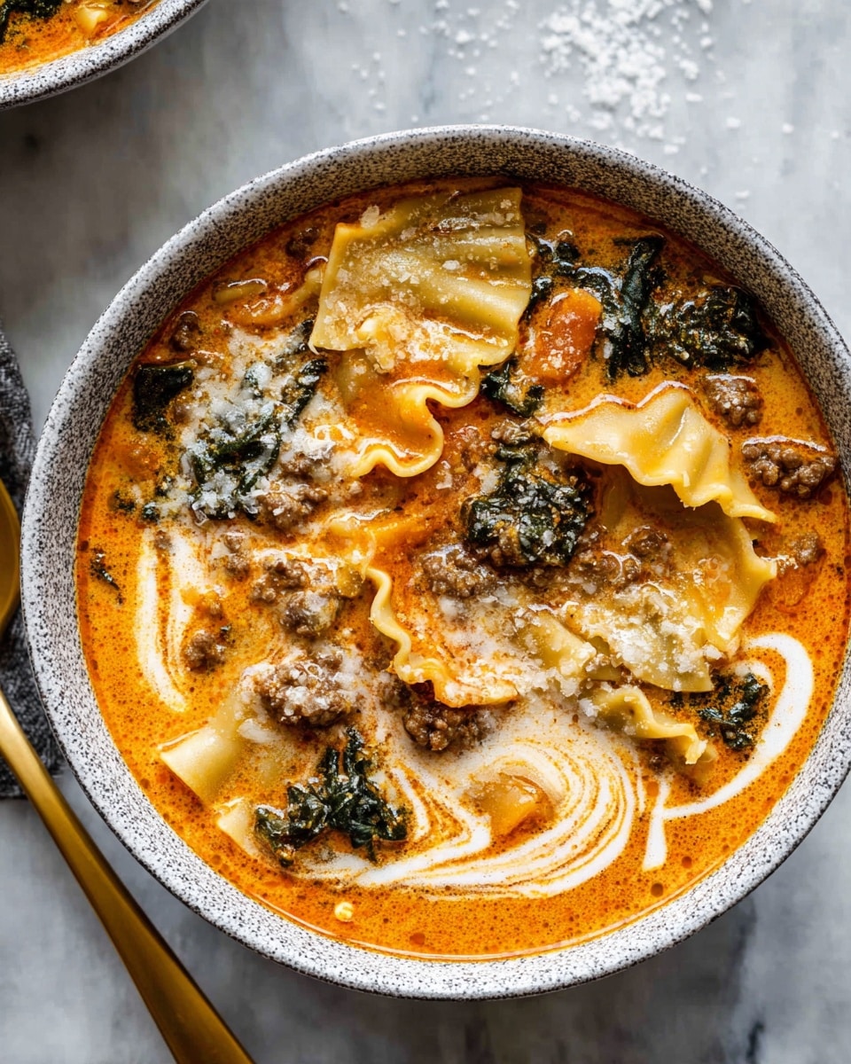 A bowl of creamy orange soup with visible layers including wavy lasagna noodles, browned ground meat, wilted dark green leafy vegetables, and small chunks of orange squash or carrot, with melted white cheese swirl patterns on top. The bowl is white with a gray speckled edge and sits on a white marbled surface with some coarse salt scattered around. A golden spoon is placed to the left side of the bowl. photo taken with an iphone --ar 4:5 --v 7