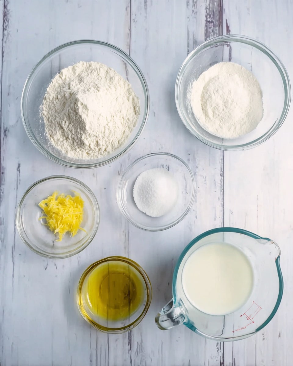 There are six clear glass bowls on a white marbled surface. In the top left corner, a medium bowl holds white flour with a small mound in the center. To the right, another medium bowl contains white sugar. Below the flour bowl, a small bowl has salt and baking powder. Below the sugar bowl, a small bowl has lemon zest and a light liquid. To the left of the lemon bowl, a small bowl contains golden yellow oil. On the right side, a clear glass measuring cup is filled halfway with a white liquid, likely milk. All bowls are arranged neatly with space between them, viewed from above. Photo taken with an iphone --ar 4:5 --v 7
