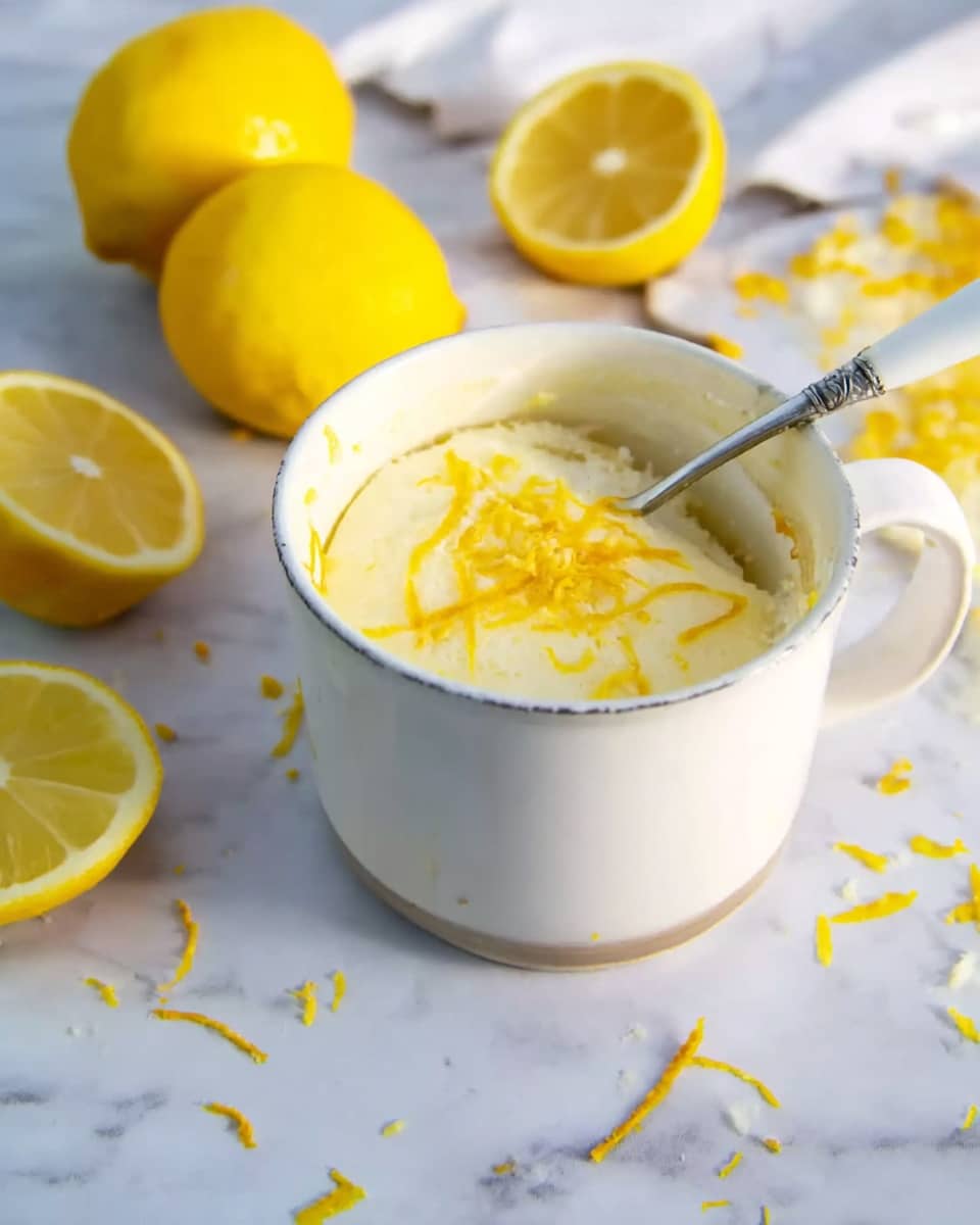 A white mug filled with a light yellow and smooth cake-like dessert with thin strips of lemon zest on the top layer, resting on a white marbled surface; around the mug are whole bright yellow lemons and fresh lemon slices, some lemon zest scattered on the surface, a white spoon with a silver scoop handle inside the mug ready to mix or eat the dessert, the scene is bright and fresh with natural light, photo taken with an iphone --ar 4:5 --v 7