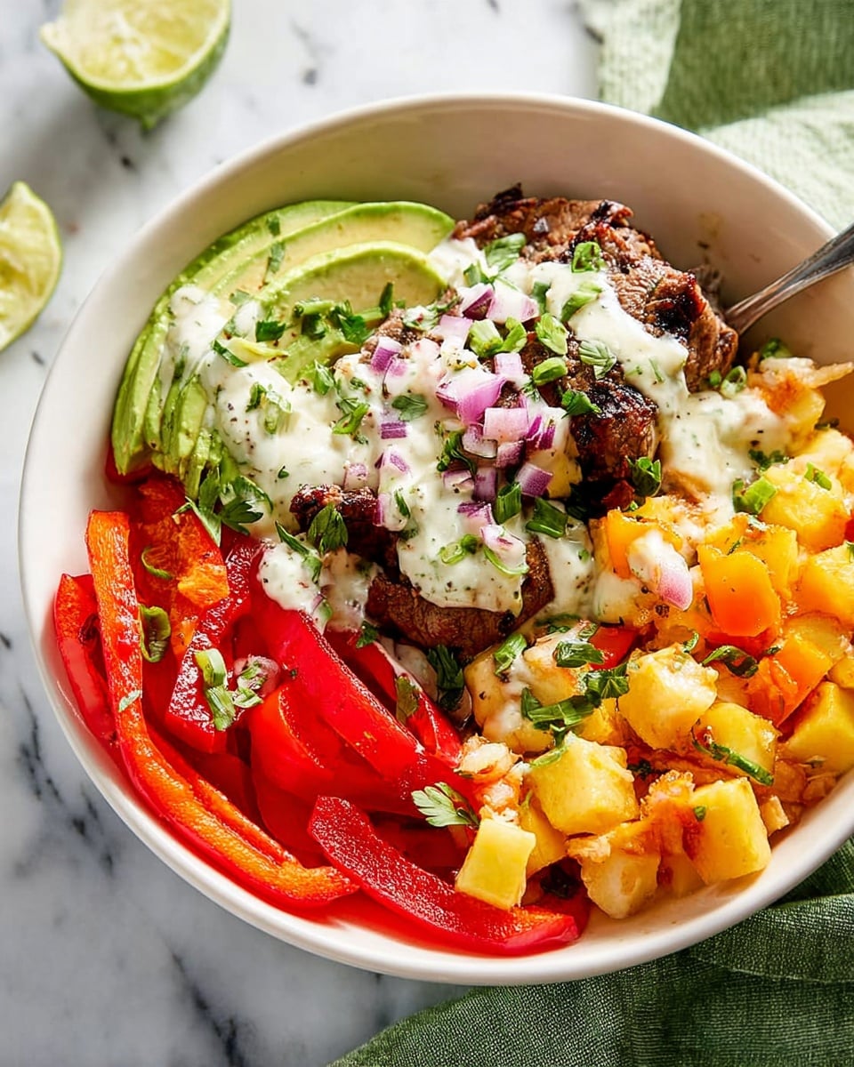 A white bowl sits on a white marbled surface filled with several colorful layers. On one side, thin slices of green avocado with small pieces of red onion rest next to grilled dark brown meat topped with a creamy white sauce. Bright red strips of bell pepper frame the bottom edge and right side of the bowl. Alongside the meat, there is a mix of cubed orange and yellow fruit, sprinkled with bits of green herbs and red onion. Everything is garnished with chopped green onions and fresh green herbs, giving a fresh, vibrant look. A green cloth and a lime wedge are visible behind the bowl. Photo taken with an iphone --ar 4:5 --v 7