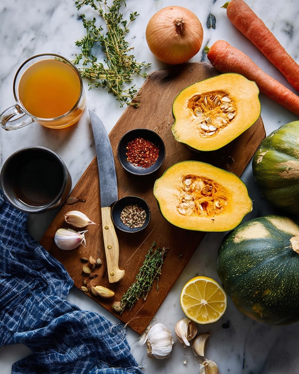 The image shows a wooden board on a white marbled surface with various fresh ingredients for cooking. There is a large green and orange acorn squash cut in half, showing its light orange flesh and seeds inside, placed next to two whole acorn squashes. Nearby, a sharp knife with a wooden handle lies with some seeds scattered around it. There is a whole onion with a golden-brown color, several garlic cloves, and a halved lemon with a bright yellow inside. Two small black bowls hold red and brown spices, and a glass cup filled with a warm orange broth is on the left. Around the board, there are sprigs of fresh green herbs, two whole orange carrots, a dark cup with tea or broth, and a blue checkered cloth. Photo taken with an iphone --ar 4:5 --v 7