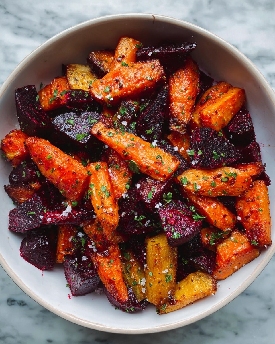The image shows a white bowl filled with two layers of roasted vegetables. The first layer consists of deep orange carrot pieces that have a slightly charred texture and a shiny, roasted surface. The second layer has dark reddish-purple beet chunks with a caramelized outer layer. Both vegetables are mixed together evenly and sprinkled with small green herb flakes and coarse salt crystals. The bowl is placed on a white marbled surface. photo taken with an iphone --ar 4:5 --v 7
