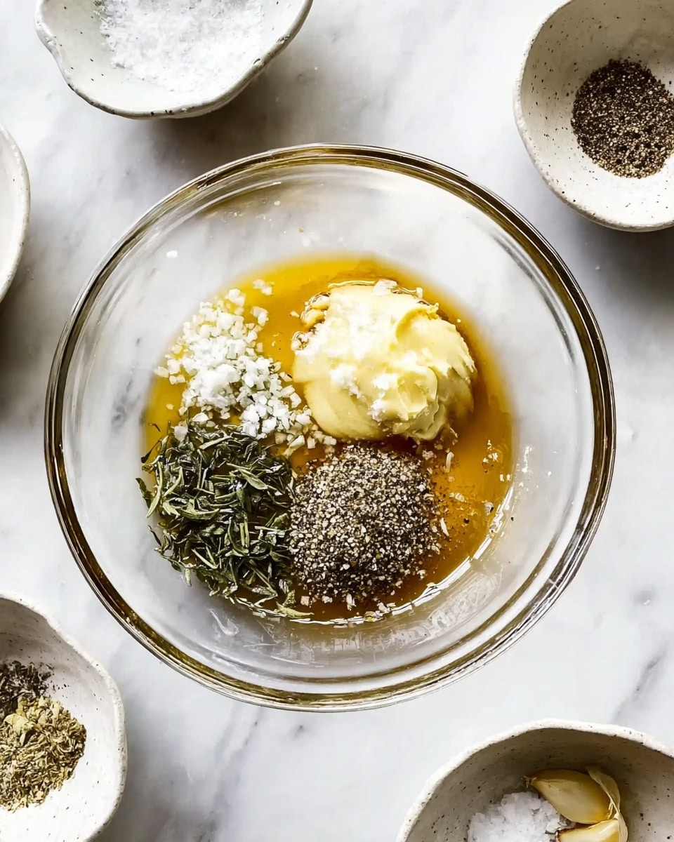 A clear glass bowl on a white marbled surface holds several ingredients placed side by side without mixing. The ingredients include a pool of light brown oil covering part of the bottom, a dollop of pale yellow mustard, finely chopped white garlic, dark green herb leaves, a pile of white salt, and a heap of coarsely ground black pepper. Around the large bowl are smaller white bowls and dishes with traces of ingredients, set on the same white marbled surface. Photo taken with an iphone --ar 4:5 --v 7