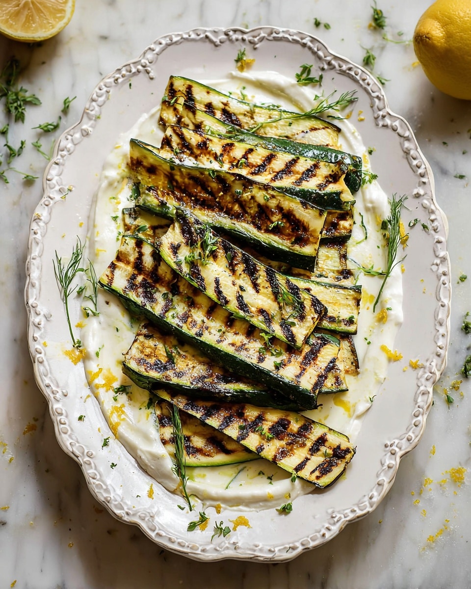 A white ornate oval plate holds a stack of about ten long, thin grilled zucchini slices with dark grill marks. The zucchini is arranged in overlapping layers, showing shiny, cooked surfaces with charred lines running horizontally. Underneath the zucchini is a creamy white sauce spread unevenly on the plate, some of which peeks around the edges. Small green herb sprigs are placed on top and around the zucchini, with tiny yellow lemon zest pieces scattered on the plate and sauce. The setup is on a white marbled surface with a lemon and herb sprigs nearby. Photo taken with an iphone --ar 4:5 --v 7