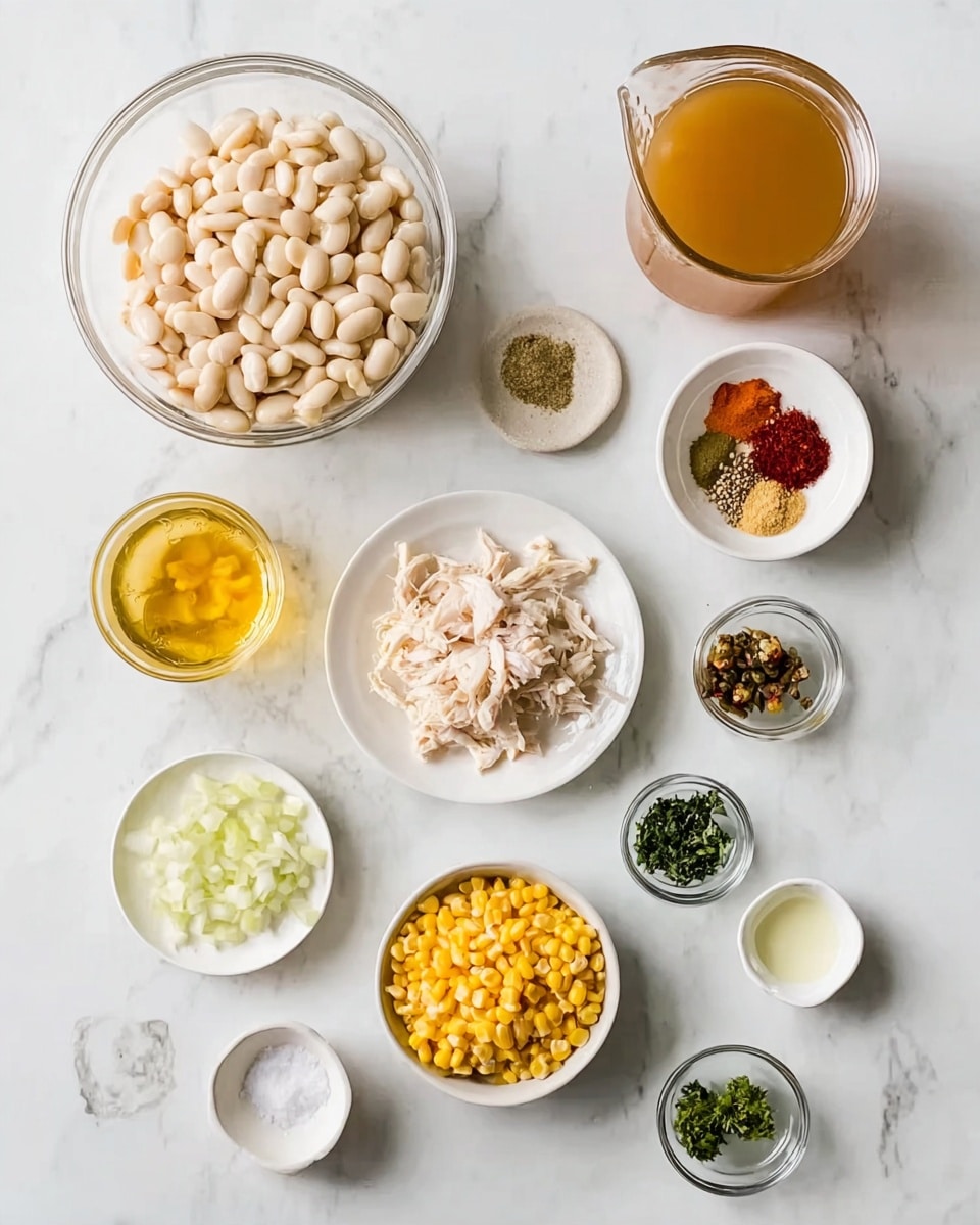 The image shows multiple ingredients arranged on a white marbled surface. There is a large glass bowl filled with white beans in the front center. To the right, there is a small white bowl of yellow corn and a small bowl with diced green chilies. Above, a small white plate holds five different spices in small piles of various red and brown shades. A medium white bowl contains chopped onions, and another medium white bowl has shredded white chicken pieces. Small glass containers hold minced garlic, chopped green herbs, salt, black pepper, sour cream, a clear liquid, and a tall glass jug filled with a light brown broth. Each container's color and texture are clearly visible, all neatly set on the smooth white marbled surface. Photo taken with an iphone --ar 4:5 --v 7