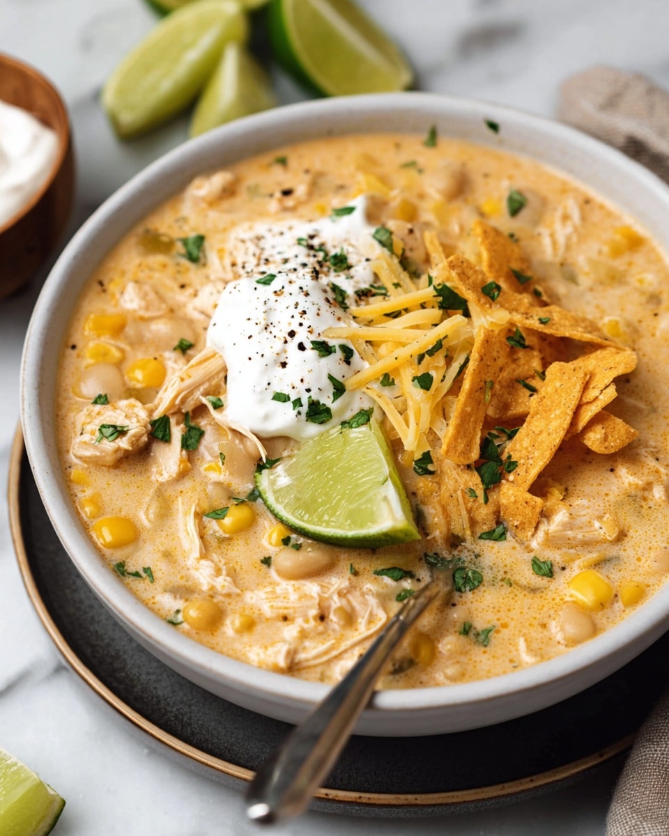 A close-up of a white bowl filled with creamy soup that has a light orange color and visible pieces of corn, white beans, and shredded chicken throughout. On the surface, there are three lime wedges, shredded cheese, chopped green herbs sprinkled all over, and a dollop of white sour cream with black pepper on top. At one side of the bowl, there is a small pile of crispy, golden tortilla strips. A silver spoon is resting inside the bowl, and the bowl sits on a dark plate against a white marbled background with lime wedges and a bowl of sour cream in the blurred background. photo taken with an iphone --ar 4:5 --v 7