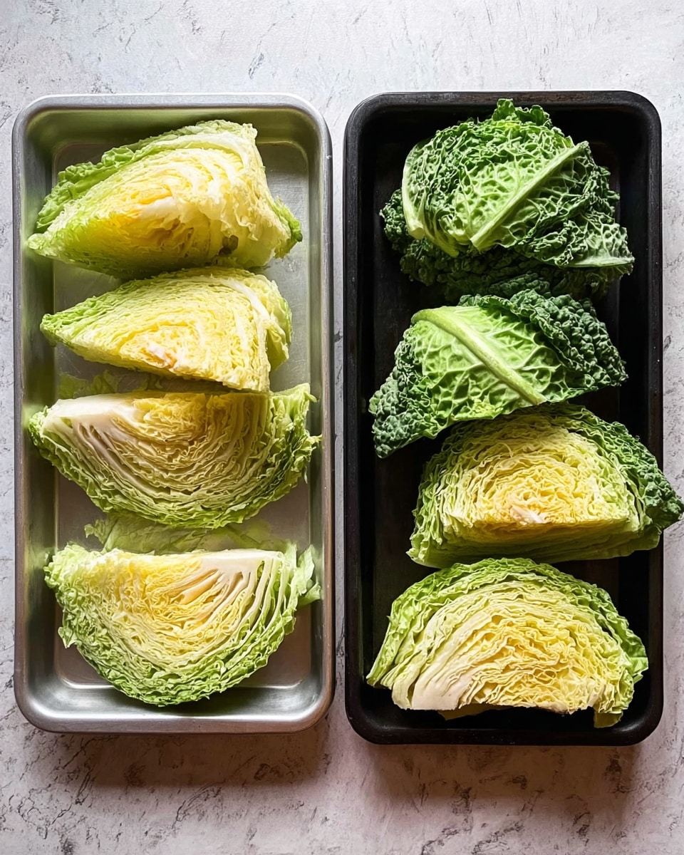 The image shows two baking trays on a white marbled surface. The top silver tray contains four pieces of cabbage, each cut into thick wedges revealing layers of pale yellow to green leaves with rough textures. The bottom black tray holds six cabbage wedges, similarly thick and layered with bright green outer leaves and lighter yellow inner leaves tightly packed. The trays and the cabbage pieces create a neat and organized look. photo taken with an iphone --ar 4:5 --v 7