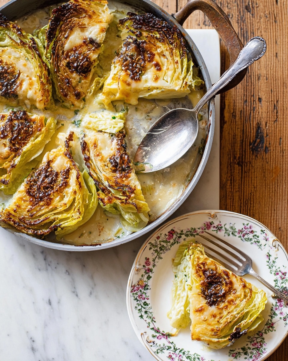 The dish shows a pan filled with 8 wedge-shaped pieces of cabbage, each layered with melted cheese that is golden and bubbly on top, with some dark crispy edges. The cabbage wedges are pale yellow to green with charred parts, and the cheese is creamy white to light golden. One wedge is served on a white plate with a floral pattern, showing the cabbage layers and melted cheese clearly. A silver fork rests on the plate next to the wedge, and a spoon is in the pan. The background is a white marbled surface with a wooden texture underneath. photo taken with an iphone --ar 4:5 --v 7