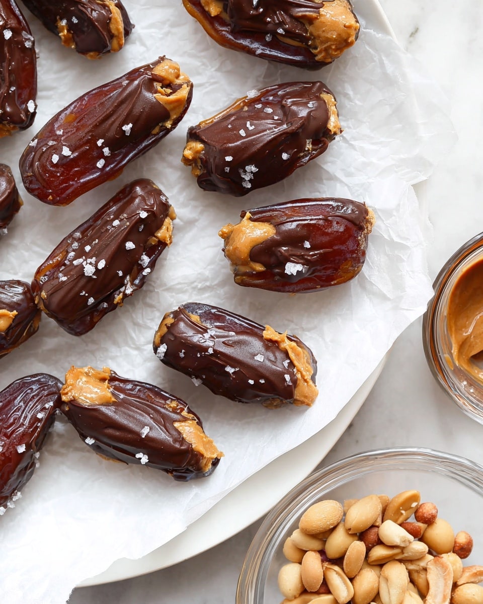 Several dates are halved and each filled with a layer of creamy light brown peanut butter, topped with a smooth, glossy dark brown chocolate layer. Some of the chocolate shows swirled texture on top, sprinkled with tiny white flakes of sea salt. The dates lay spaced out on crinkled white parchment paper, which is placed on a white plate with a white marbled surface underneath. In the lower right corner, there is a small clear bowl filled with light brown peanuts. A clear glass bowl with some chocolate residue is partly visible on the right edge. photo taken with an iphone --ar 4:5 --v 7