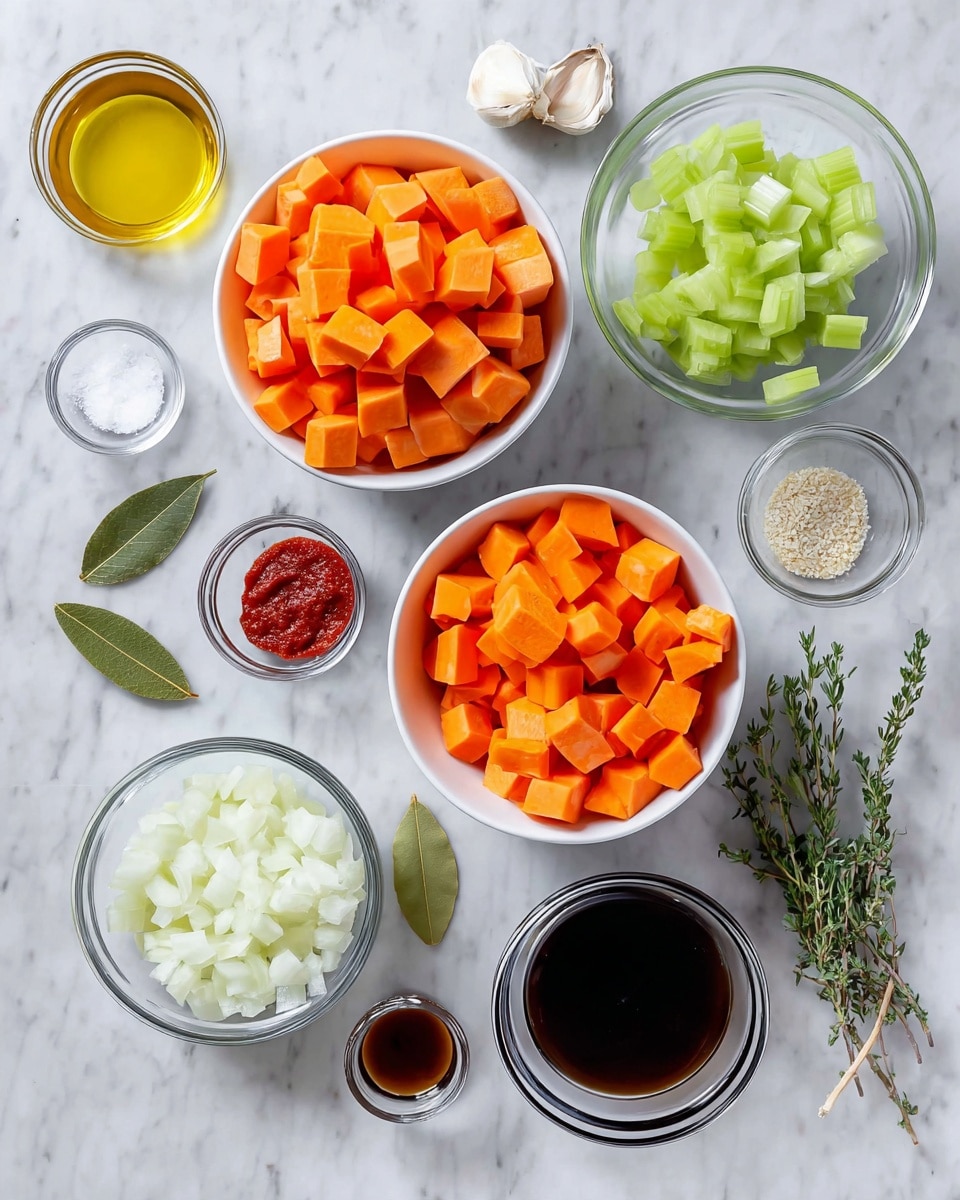 The image shows an arrangement of several small clear glass bowls and white bowls on a white marbled surface. There are two white bowls filled with bright orange cubed sweet potatoes, two clear bowls with orange chopped carrots, a clear bowl with light green celery slices in the middle, and another clear bowl with white chopped onions at the bottom left. Around these are small clear bowls containing light yellow cooking oil, dark brown soy sauce, white salt, and a red paste, likely tomato or pepper. Fresh herbs, two bay leaves, and three cloves of garlic also lie on the surface near the bowls. Photo taken with an iphone --ar 4:5 --v 7