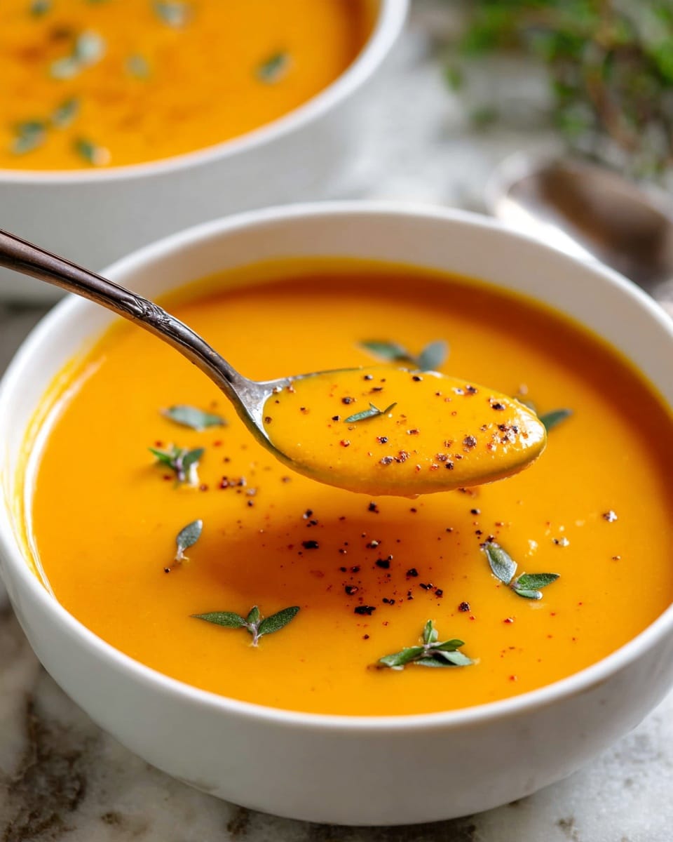 The image shows a white bowl filled with smooth, bright orange soup. On top of the soup, there are small green herb leaves scattered along with tiny black pepper flakes. A spoon holds a visible scoop of the soup above the bowl, showing the soup's thick and creamy texture with similar herbs and pepper on it. In the background, another white bowl with the same soup is partially visible on a white marbled surface. photo taken with an iphone --ar 4:5 --v 7
