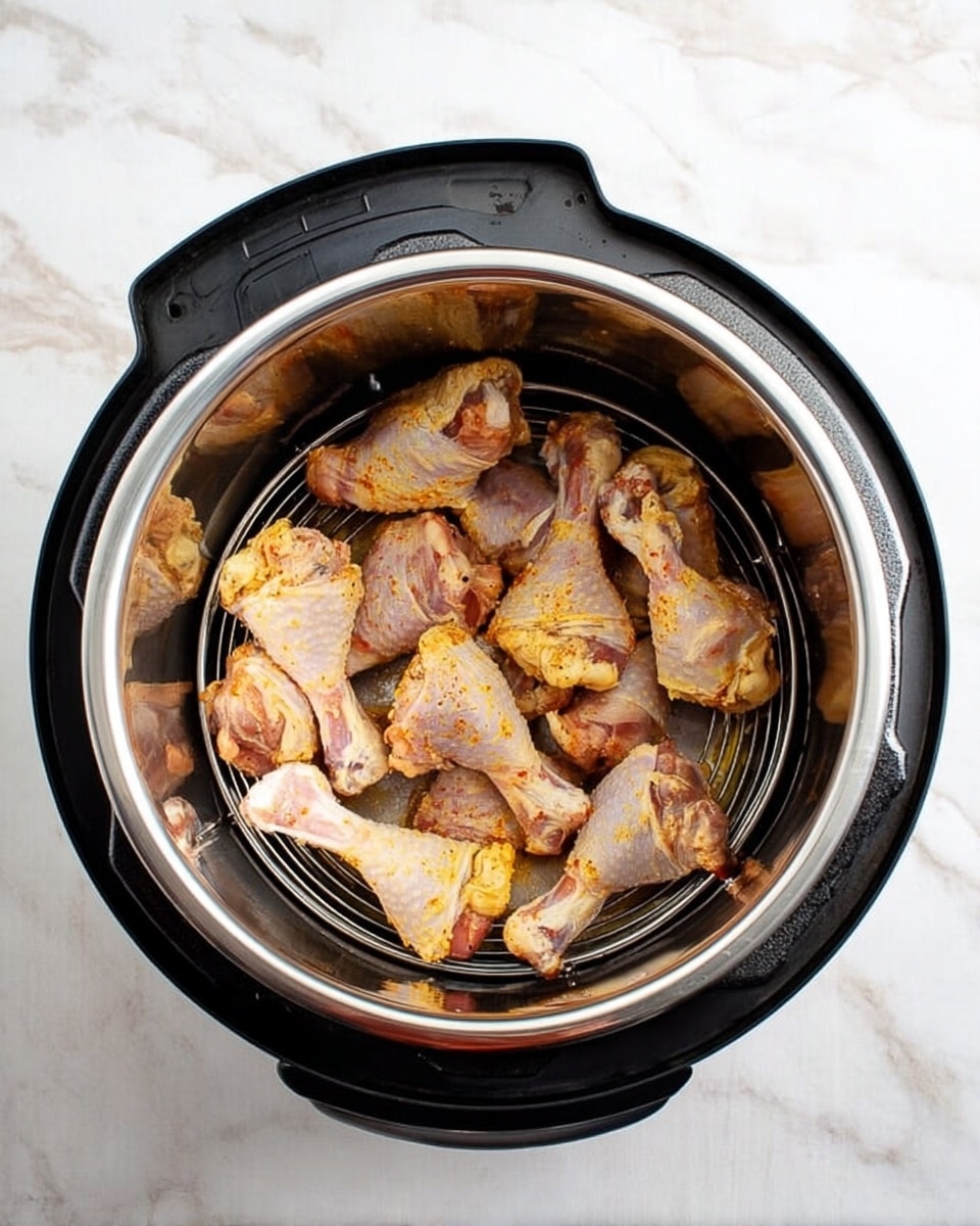 Inside a black and silver instant pot, there is one layer of raw chicken drumsticks spread evenly on a metal rack. The drumsticks have a mix of yellowish skin and some pink meat, with a light layer of seasoning giving brownish spots. The inner stainless steel pot reflects some light, making the chicken pieces look shiny and fresh. The pot is placed on a white marbled surface photo taken with an iphone --ar 4:5 --v 7