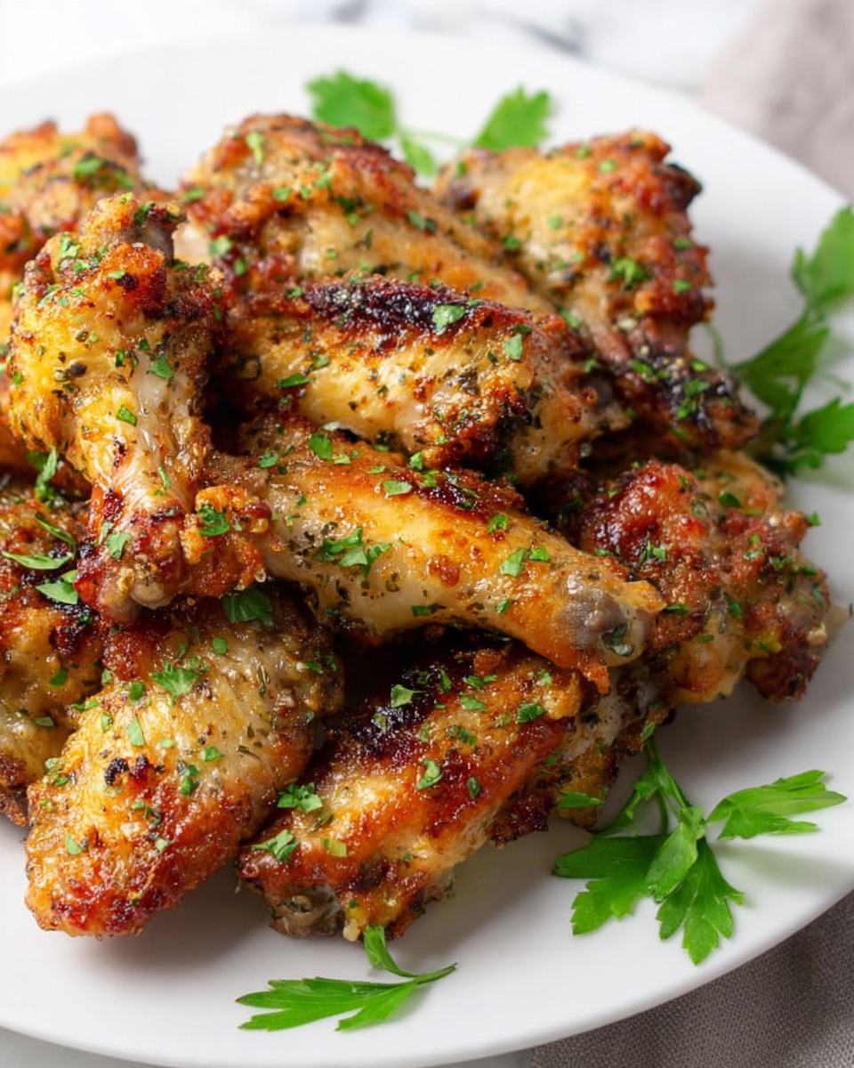 A white plate filled with golden brown chicken wings, each wing showing a crispy texture with bits of charred spots. The wings are sprinkled generously with chopped green herbs, likely parsley, adding a fresh contrast to the warm colors of the chicken. The plate sits on a white marbled surface, with a few green herb leaves placed around the edge for decoration. The light and shadows highlight the crispy, textured skin of the wings, making them look hot and ready to eat photo taken with an iphone --ar 4:5 --v 7