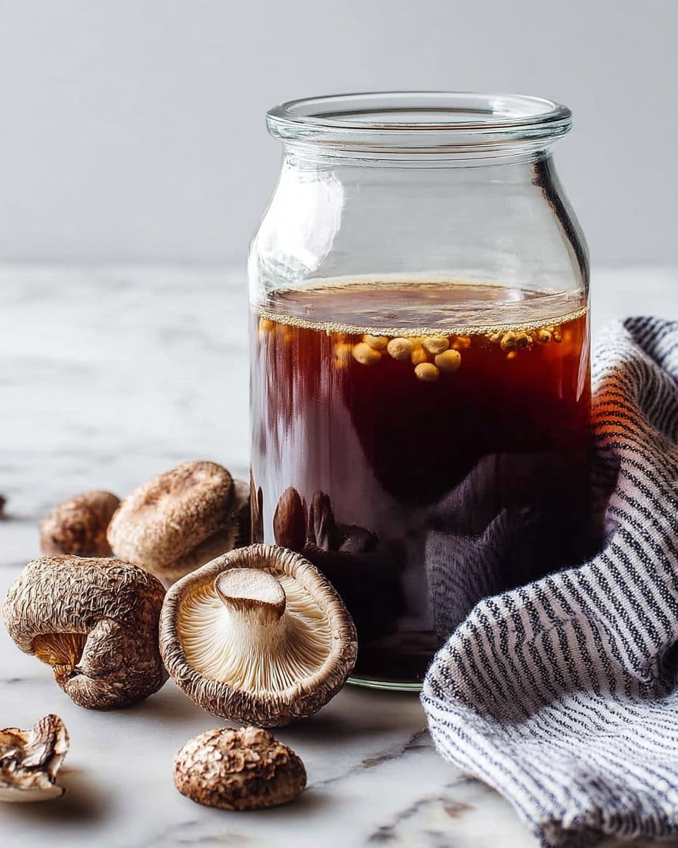 A clear glass jar filled with a dark brown liquid that gets lighter near the top, showing small mushroom pieces floating inside. Around the jar on a white marbled surface, there are whole and sliced dried mushrooms with rough, textured brown caps and lighter stems. A folded striped cloth with blue and white lines is placed to the right, adding a soft touch to the setting. The scene is bright, clean, and simple. photo taken with an iphone --ar 4:5 --v 7